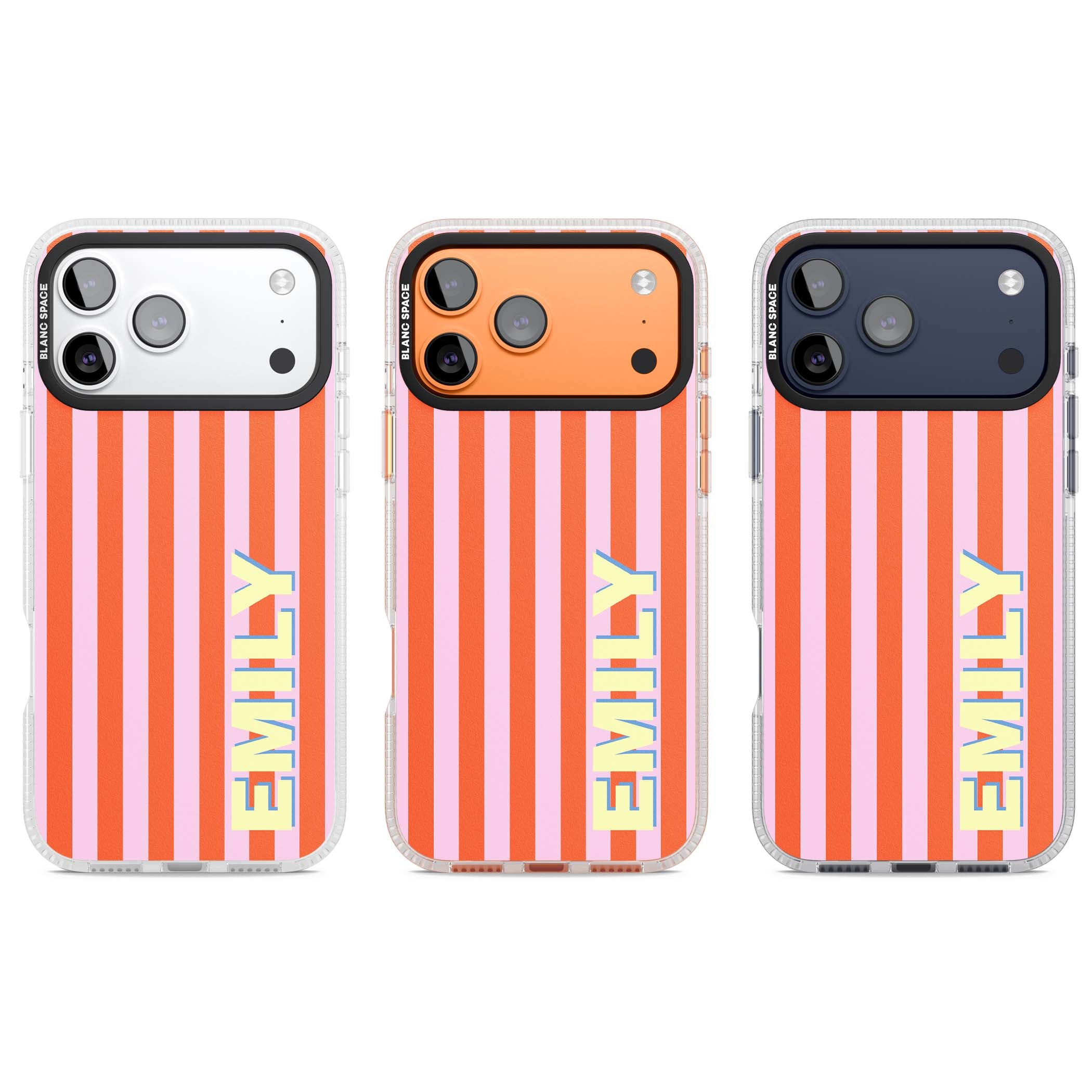 Havana Stripe personalised iPhone case featuring pink and orange vertical stripes with a custom yellow name | Clear Case Impact Air case for iPhone 17 Pro, iPhone 17 Pro Max