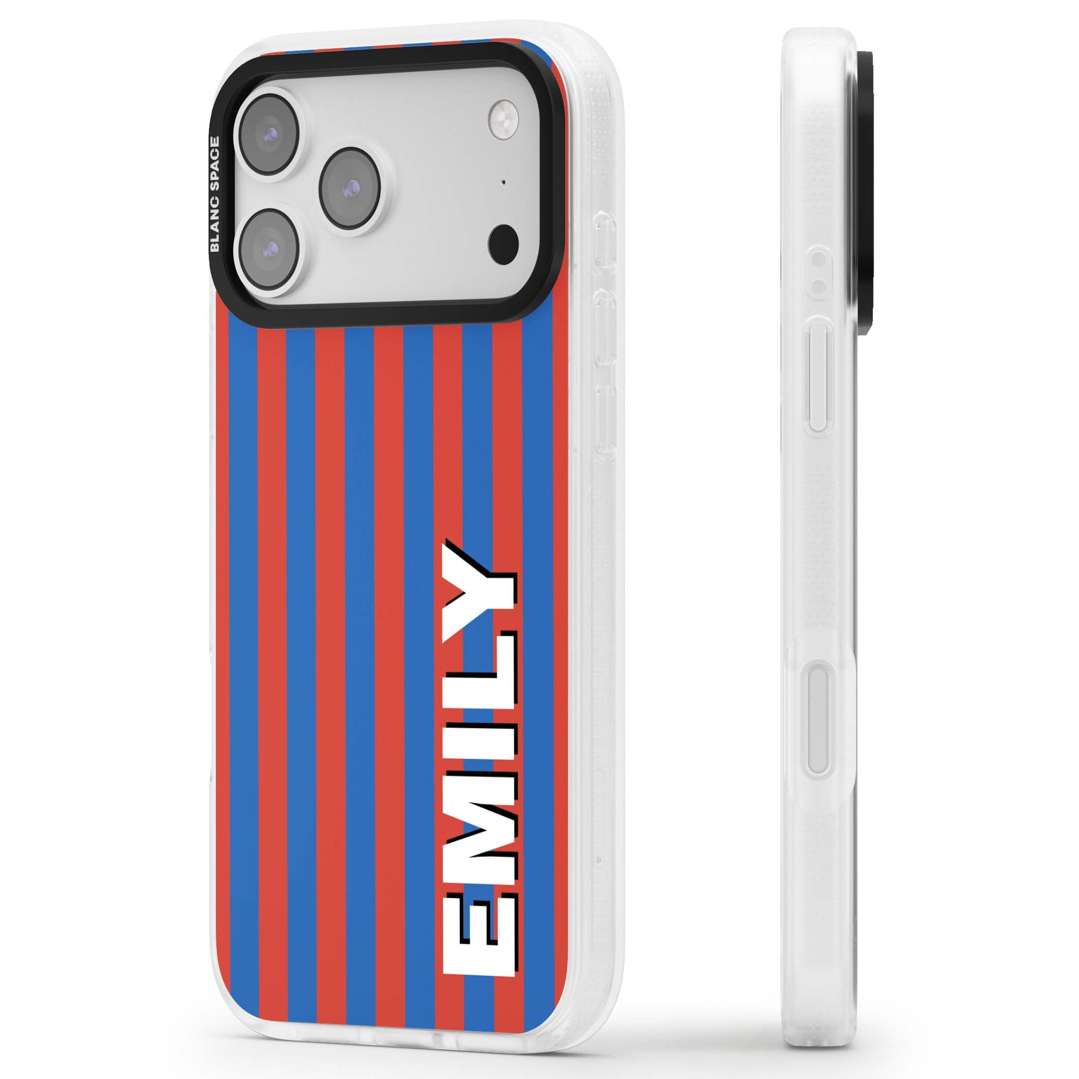 Cuban Stripe personalised iPhone case featuring red and blue vertical stripes with custom name in bold white letters | Clear Case Impact Air case for iPhone 17 Pro, iPhone 17 Pro Max