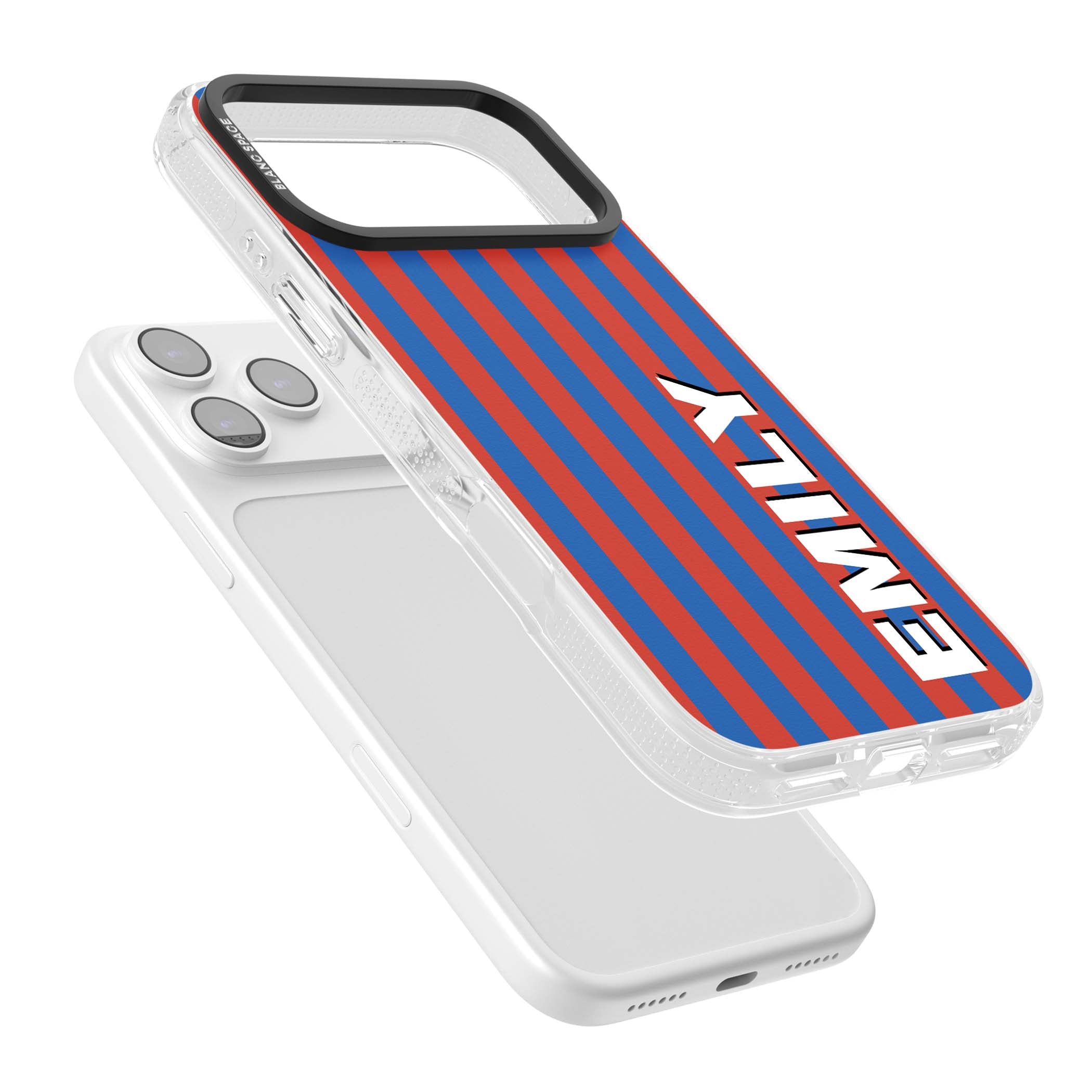 Cuban Stripe personalised iPhone case featuring red and blue vertical stripes with custom name in bold white letters | Clear Case Impact Air case for iPhone 17 Pro, iPhone 17 Pro Max