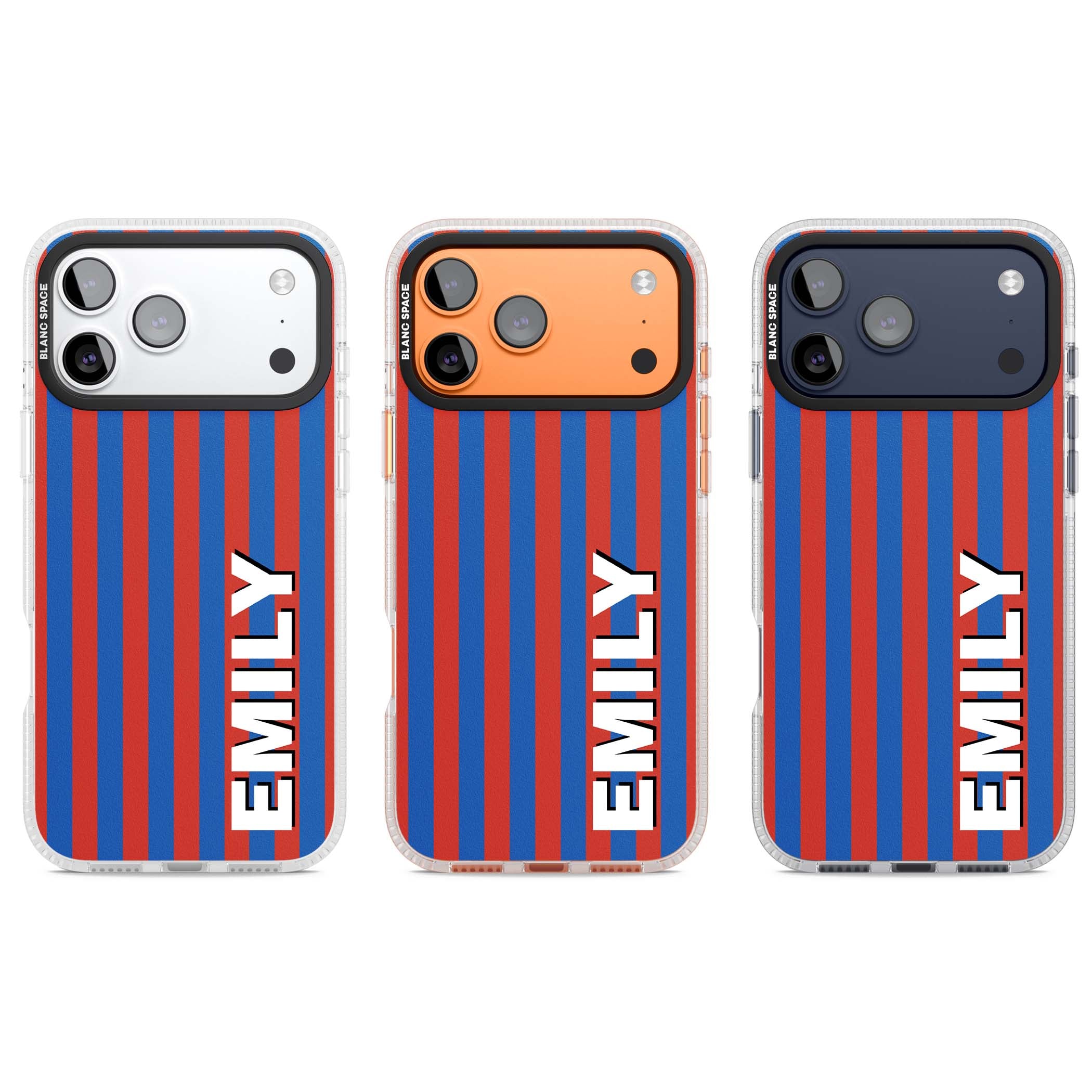 Cuban Stripe personalised iPhone case featuring red and blue vertical stripes with custom name in bold white letters | Clear Case Impact Air case for iPhone 17 Pro, iPhone 17 Pro Max
