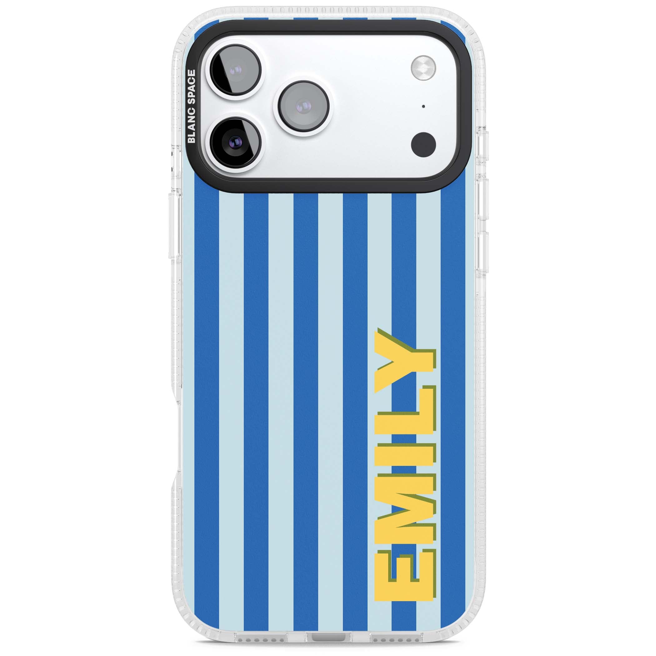 Athenian Stripe personalised preppy iPhone case featuring blue vertical stripes and a custom yellow name | Clear Case Impact Air case for iPhone 17 Pro, iPhone 17 Pro Max