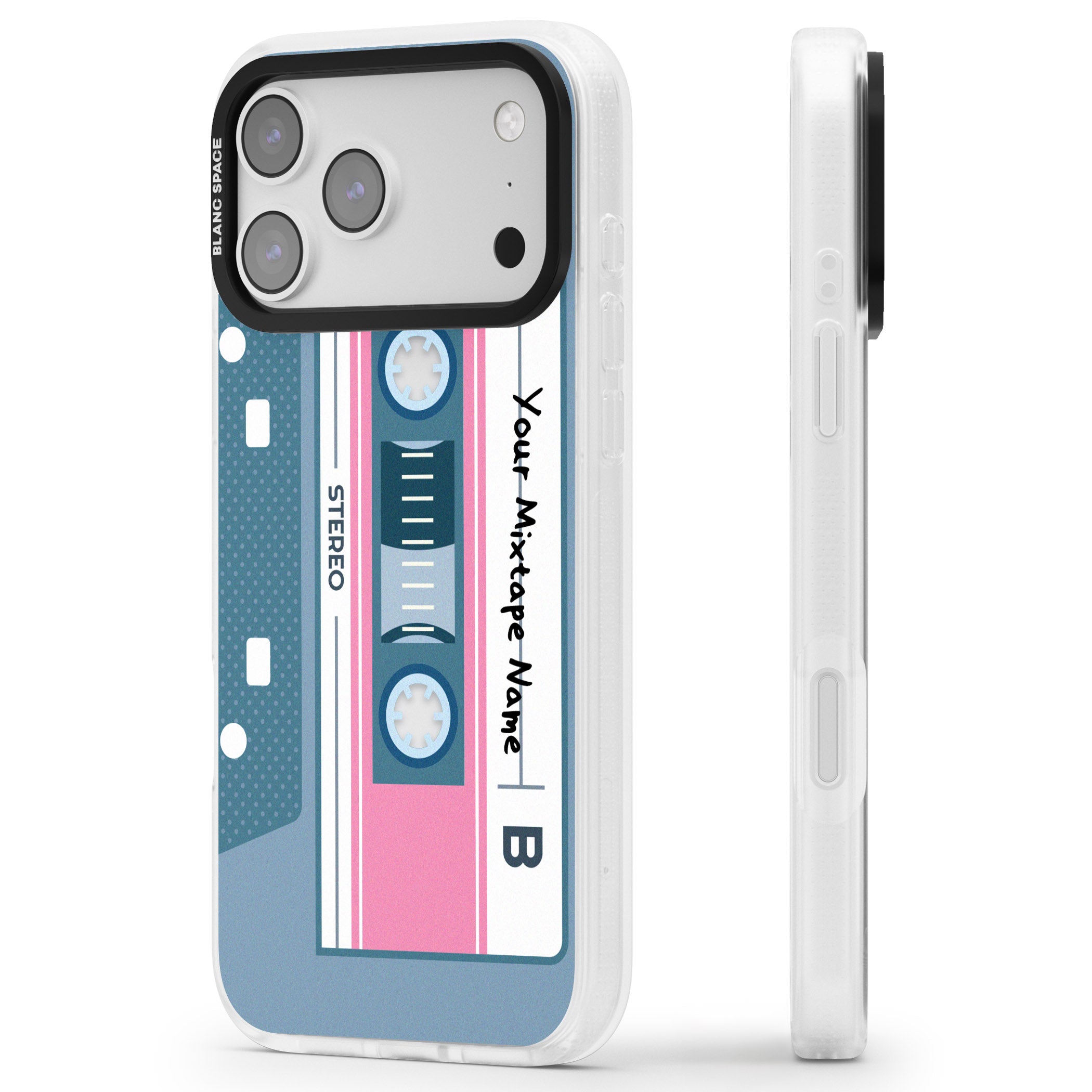 Personalised Retro Cassette Mixtape iPhone 17 Pro Max Impact Air Clear Phone Case Side Profile