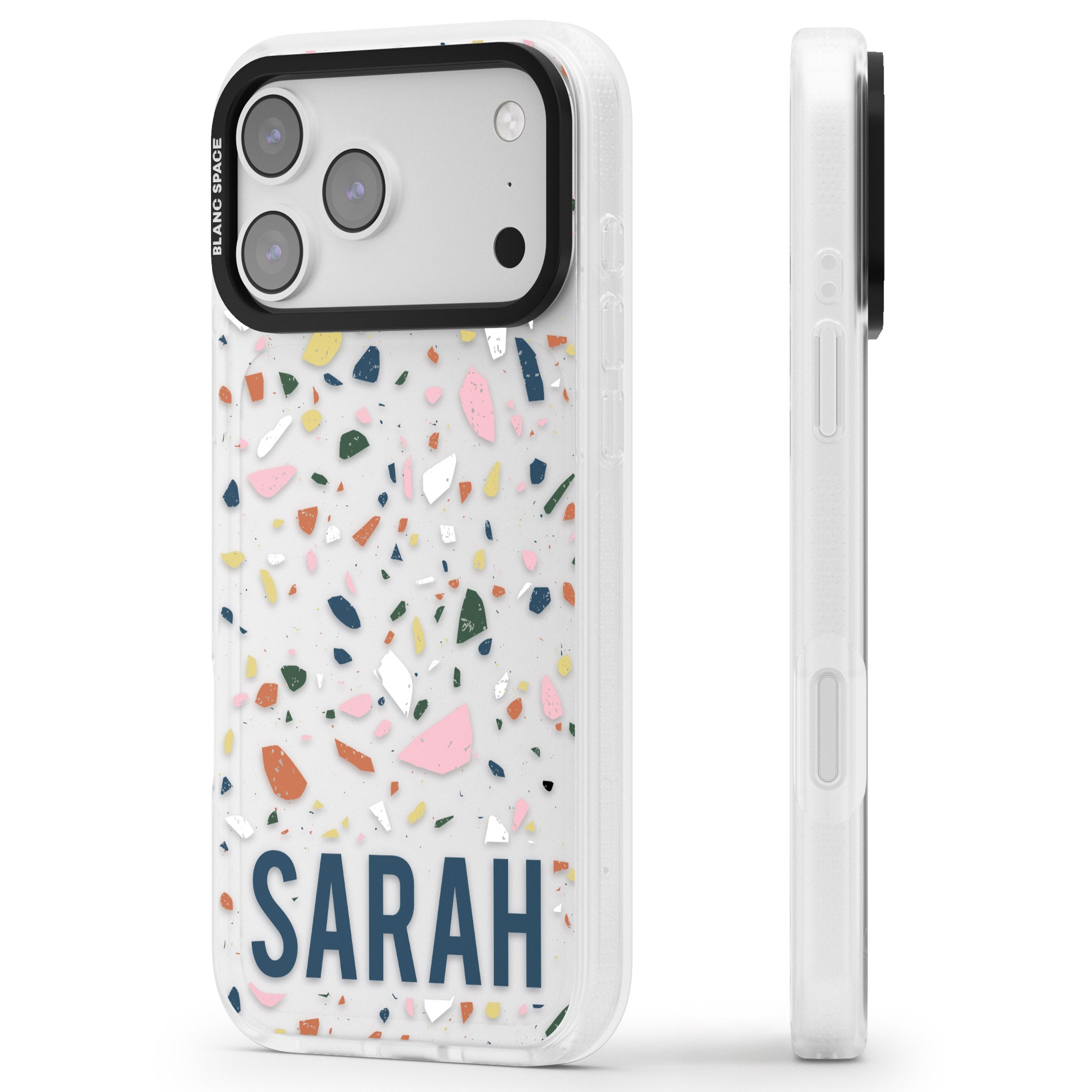 Personalised Terrazzo iPhone 17 Pro Max Impact Air Clear Phone Case Side Profile