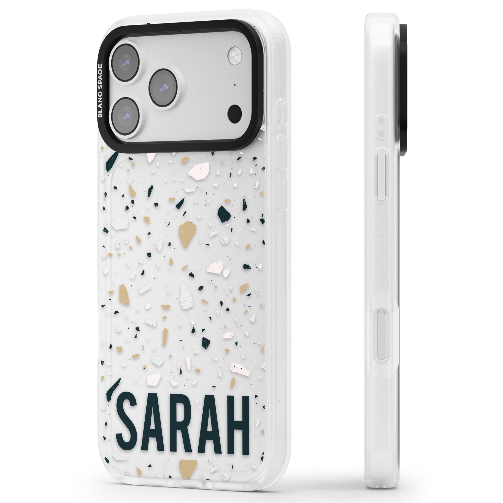 Personalised Terrazzo Blue, Pink, Brown iPhone 17 Pro Max Impact Air Clear Phone Case Side Profile