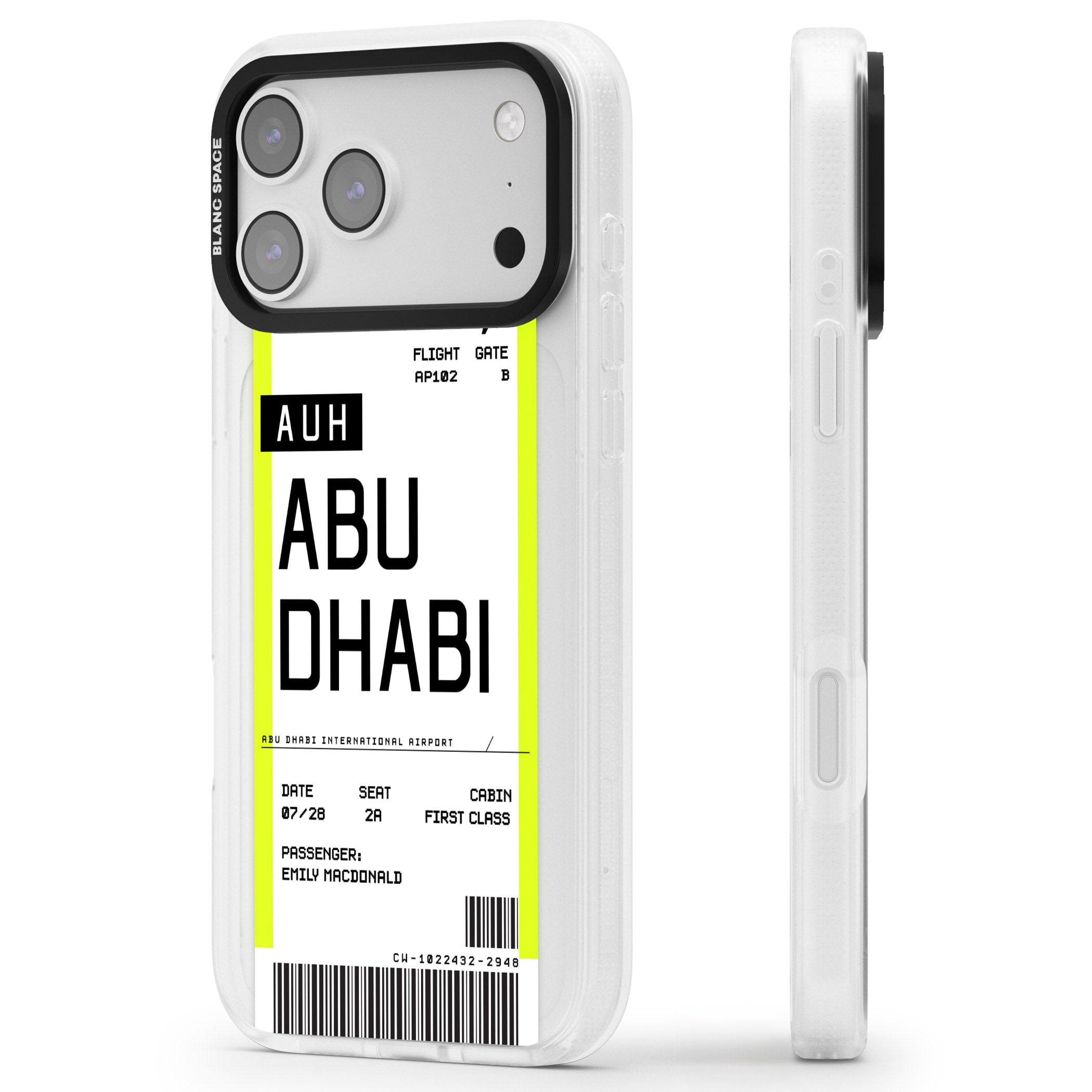 Personalised Abu Dhabi Boarding Pass iPhone 17 Pro Max Impact Air Clear Phone Case Side Profile