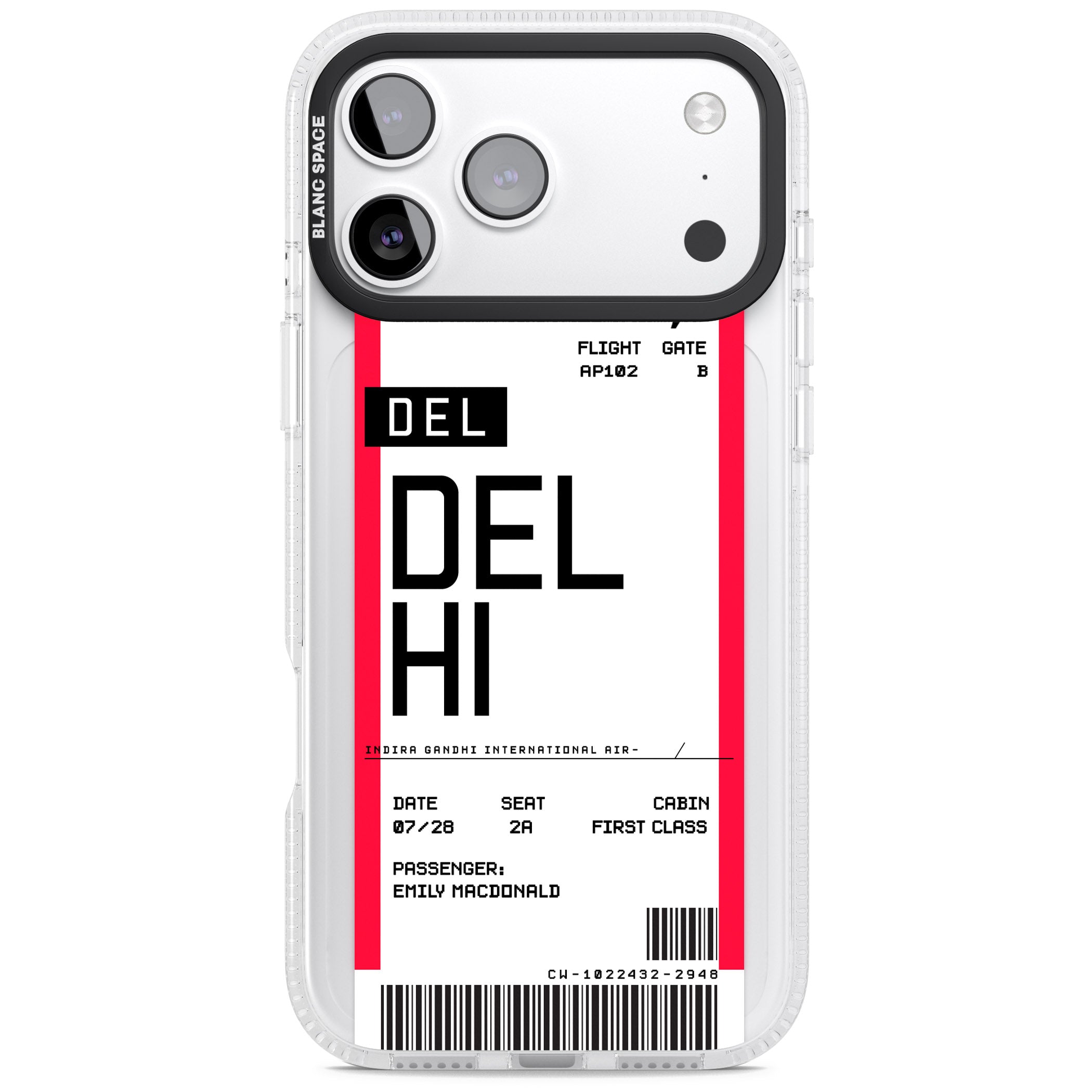 Personalised Delhi Boarding Pass iPhone 17 Pro Impact Air Clear Phone Case
