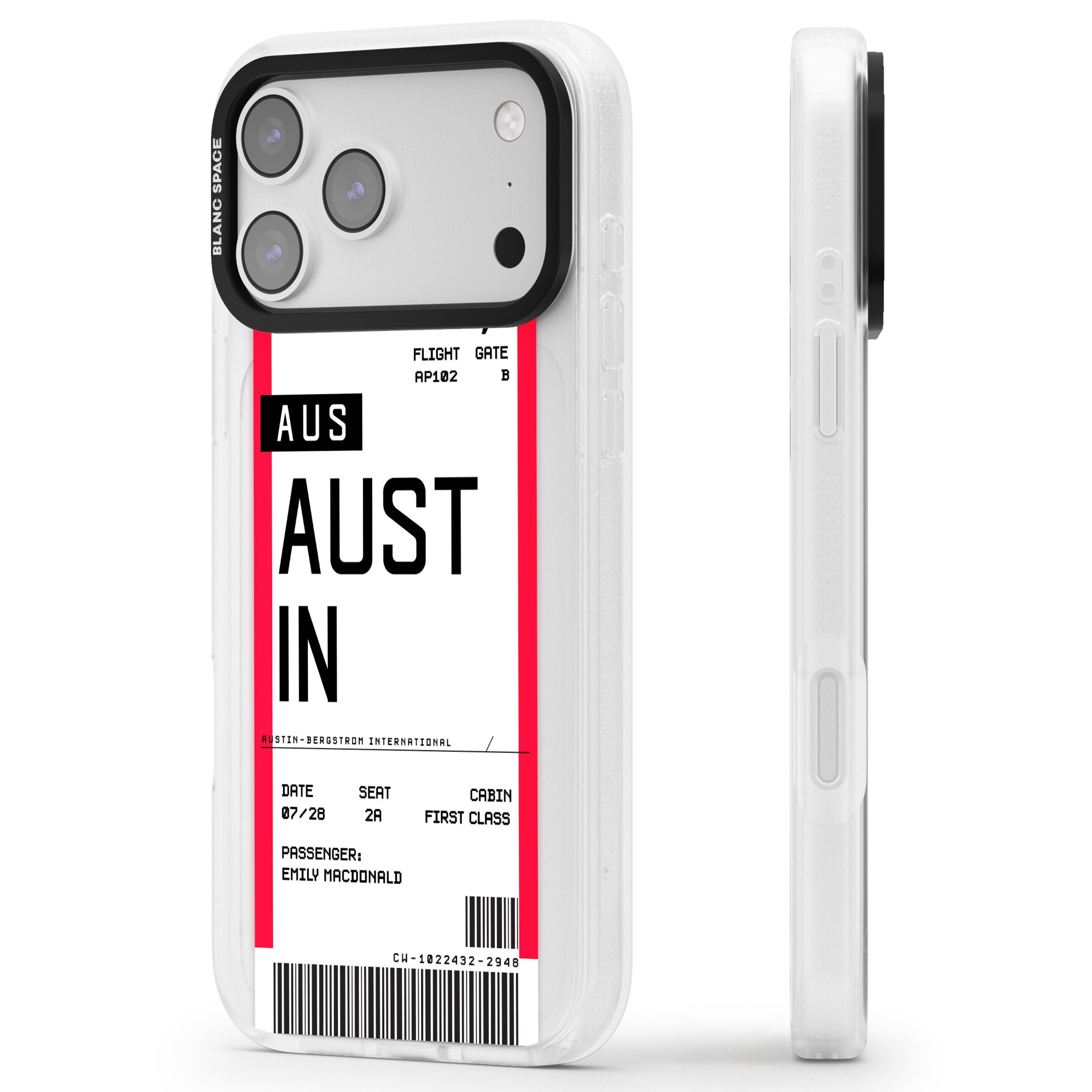 Personalised Austin Boarding Pass iPhone 17 Pro Max Impact Air Clear Phone Case Side Profile