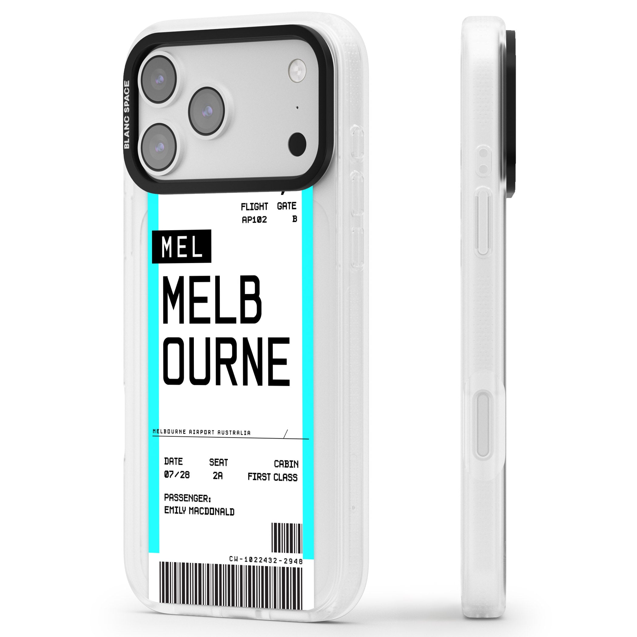 Personalised Melbourne Boarding Pass iPhone 17 Pro Impact Air Clear Phone Case Side Profile