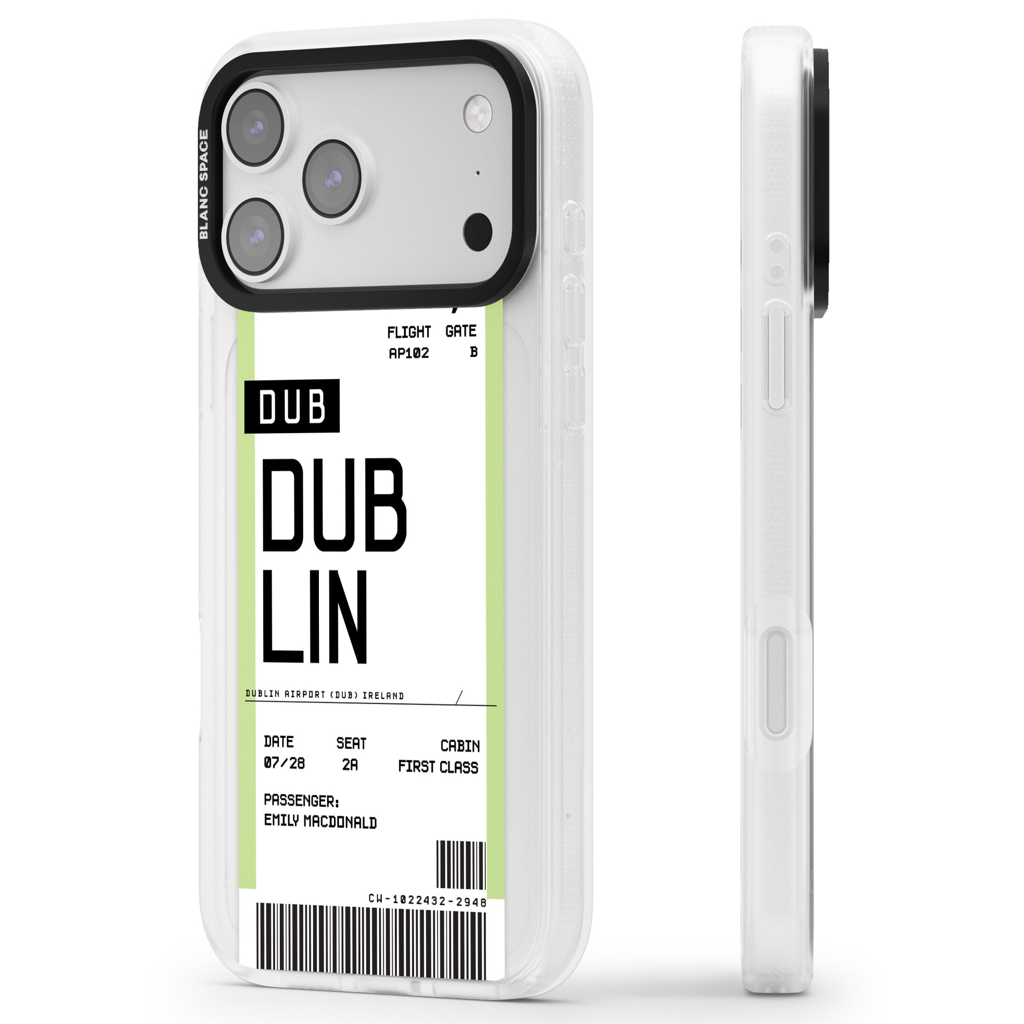 Personalised Dublin Boarding Pass iPhone 17 Pro Impact Air Clear Phone Case Side Profile