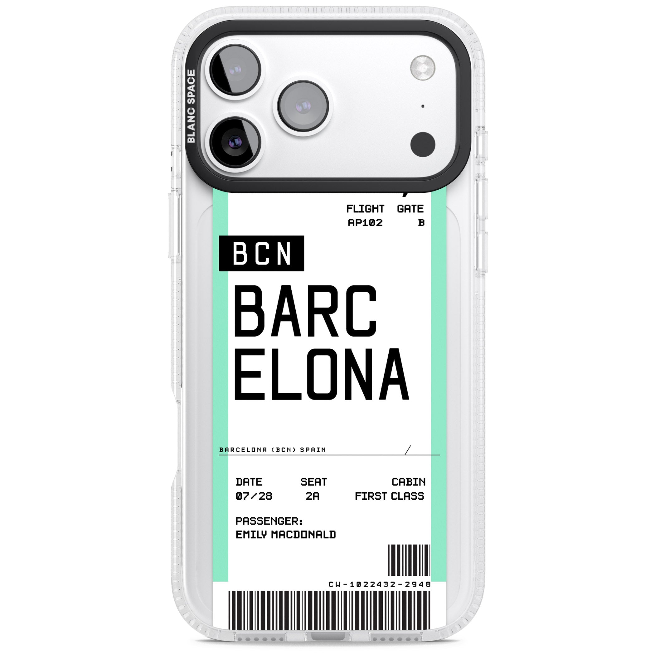 Personalised Barcelona Boarding Pass iPhone 17 Pro Max Impact Air Clear Phone Case