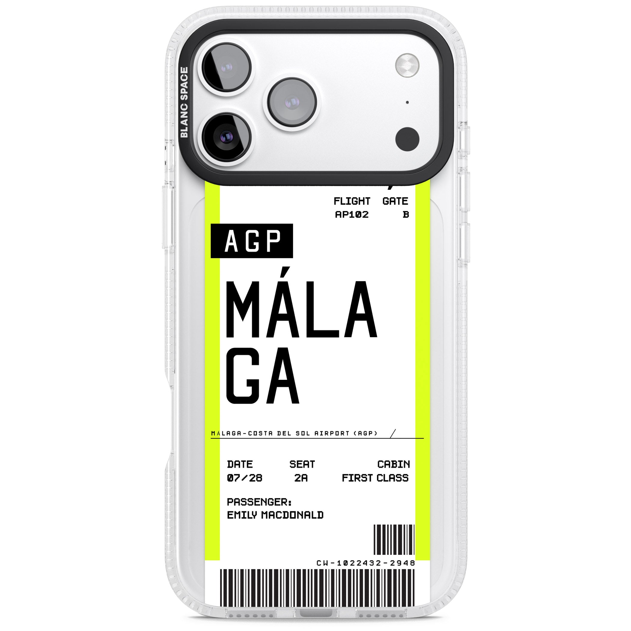 Personalised Málaga Boarding Pass iPhone 17 Pro Impact Air Clear Phone Case