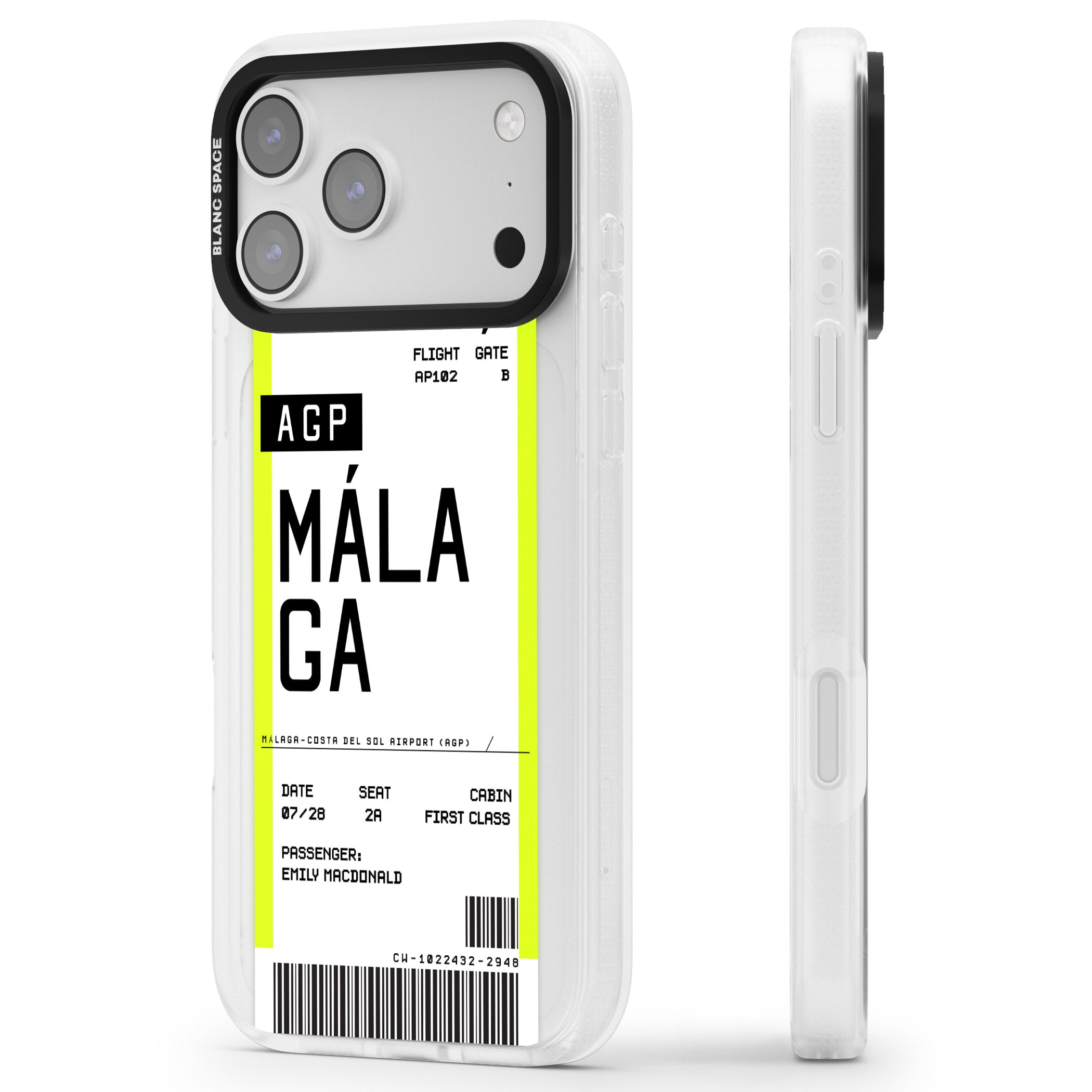 Personalised Málaga Boarding Pass iPhone 17 Pro Max Impact Air Clear Phone Case Side Profile