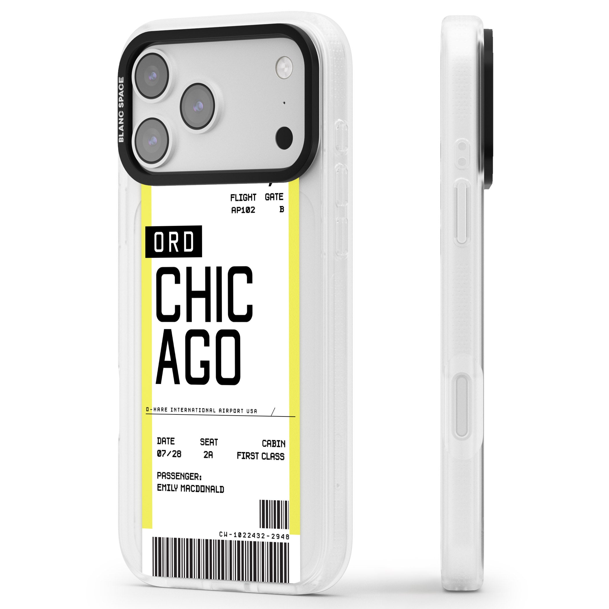 Personalised Chicago Boarding Pass iPhone 17 Pro Impact Air Clear Phone Case Side Profile