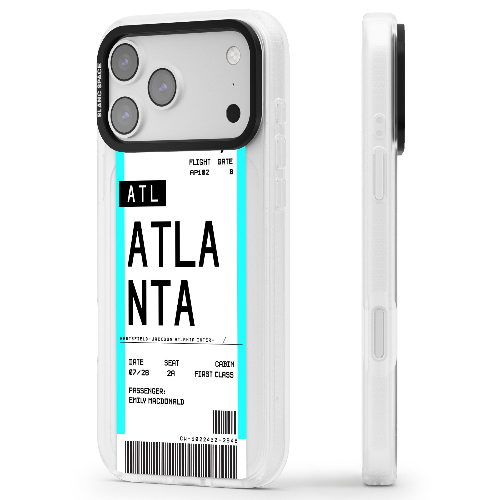Personalised Atlanta Boarding Pass iPhone 17 Pro Max Impact Air Clear Phone Case Side Profile