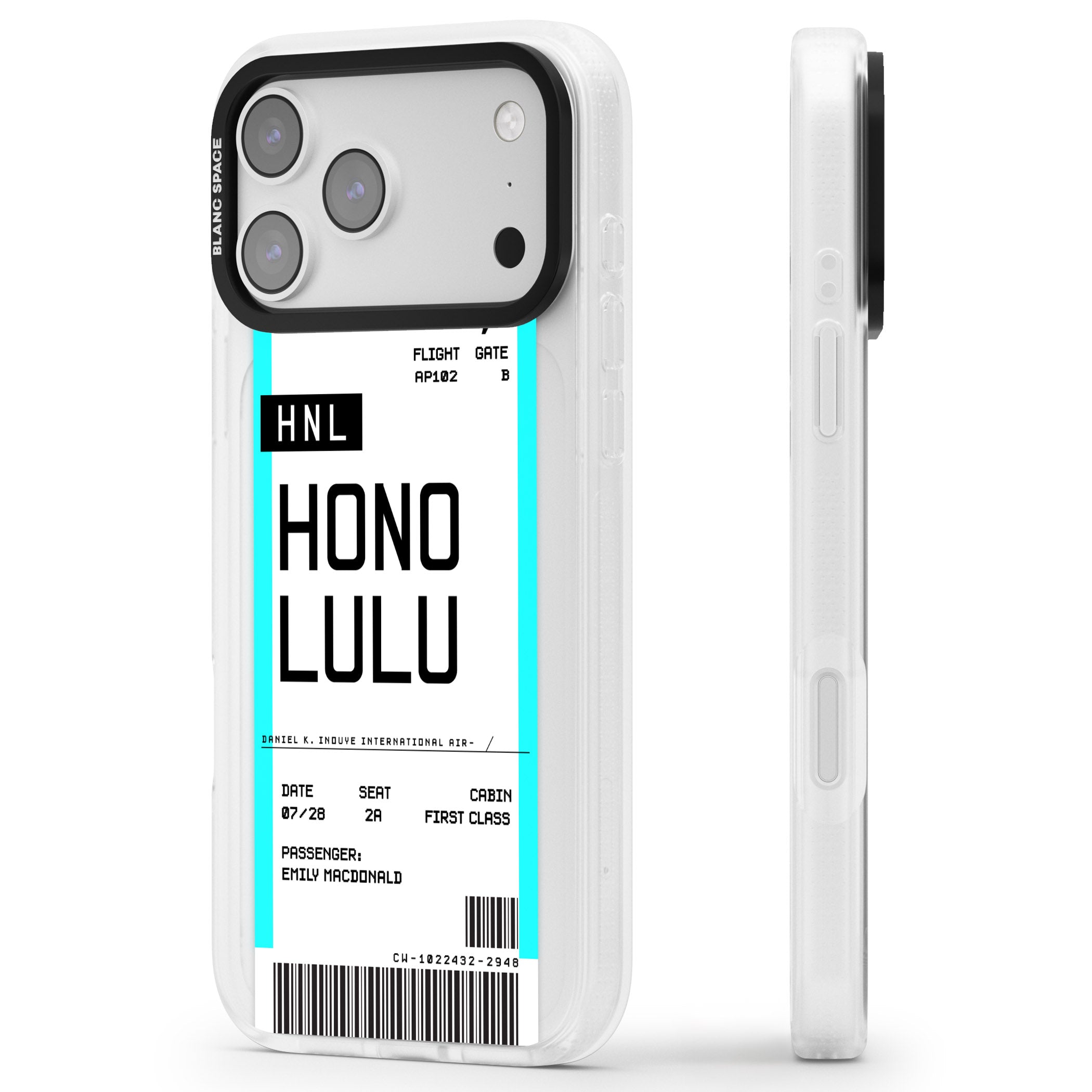 Personalised Honolulu Boarding Pass iPhone 17 Pro Impact Air Clear Phone Case Side Profile