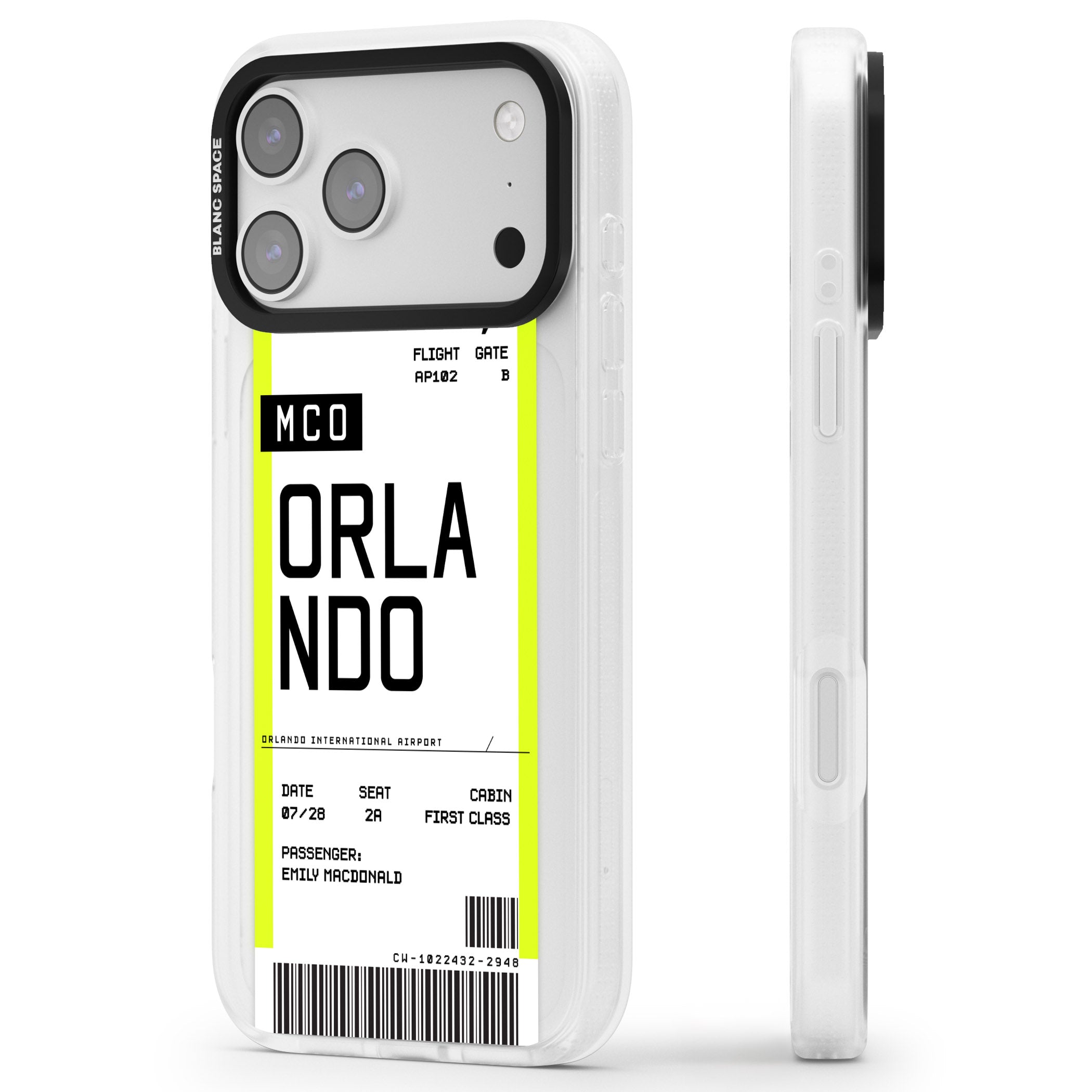Personalised Orlando Boarding Pass iPhone 17 Pro Max Impact Air Clear Phone Case Side Profile