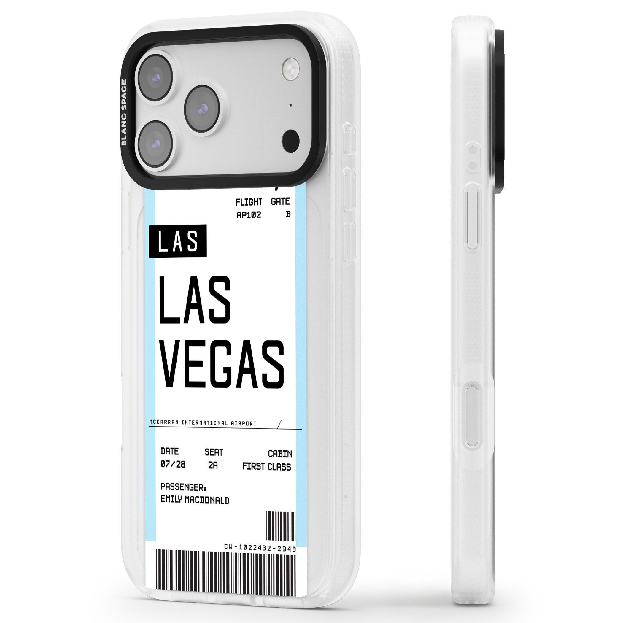 Personalised Las Vegas Boarding Pass iPhone 17 Pro Impact Air Clear Phone Case Side Profile