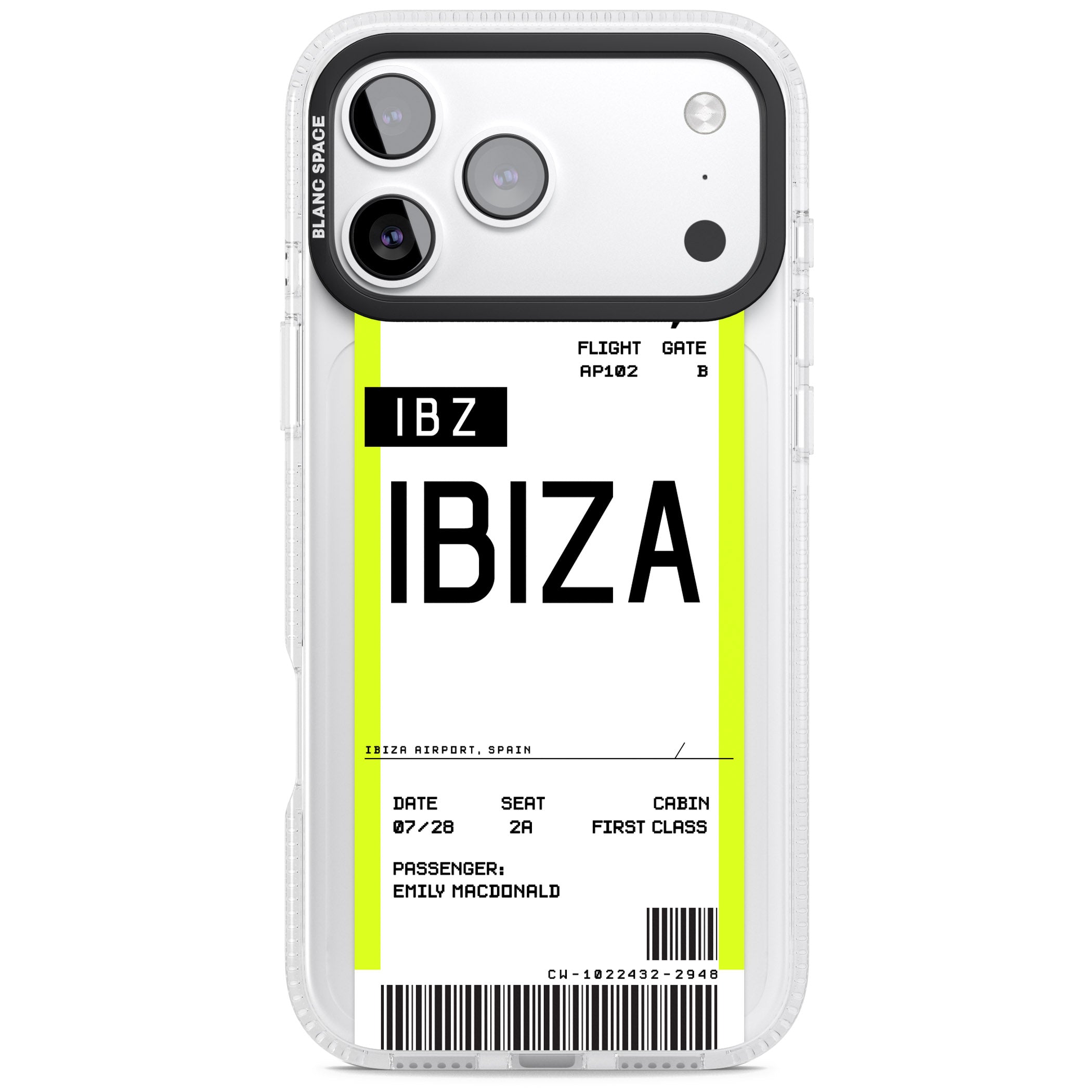 Personalised Ibiza Boarding Pass iPhone 17 Pro Impact Air Clear Phone Case