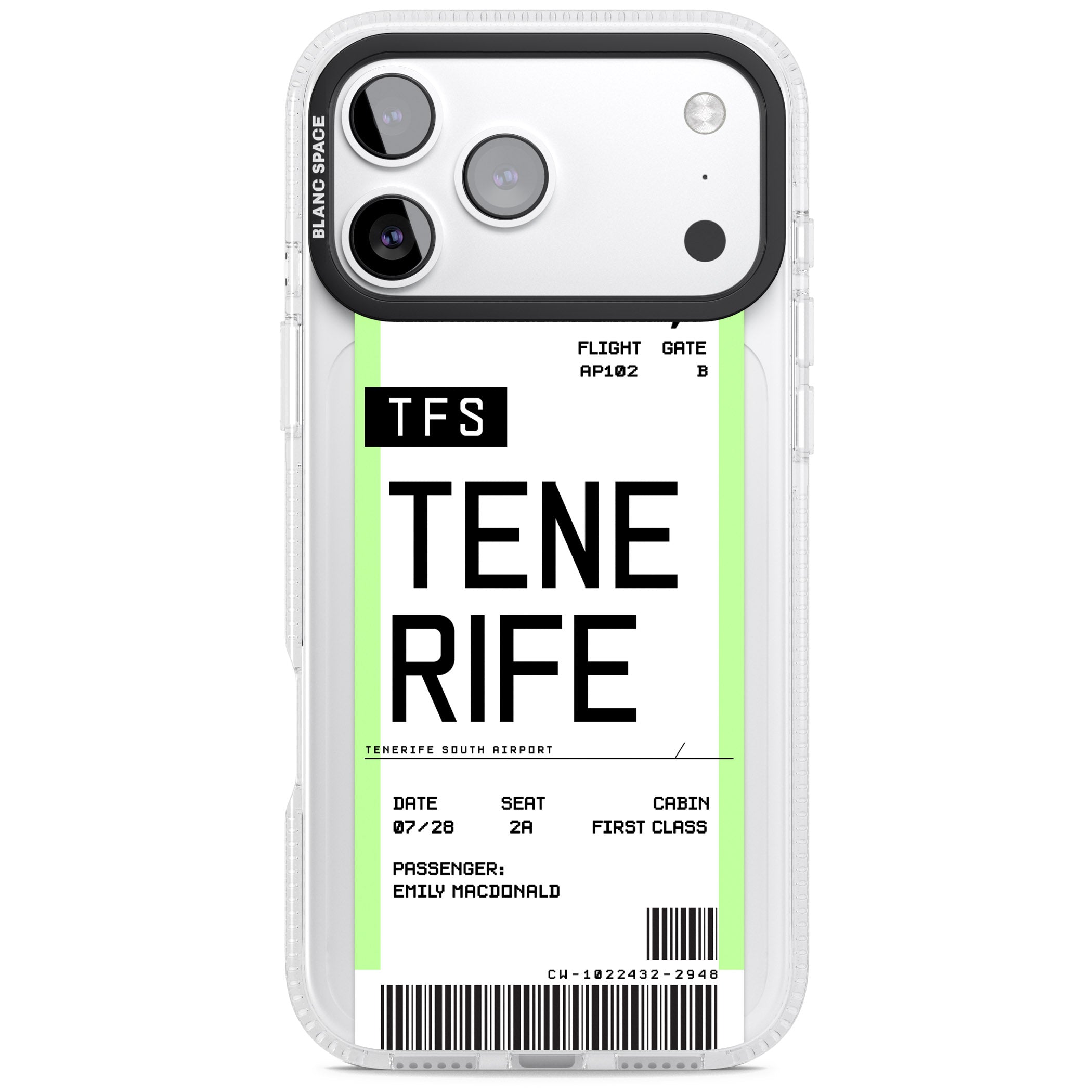 Personalised Tenerife Boarding Pass iPhone 17 Pro Max Impact Air Clear Phone Case