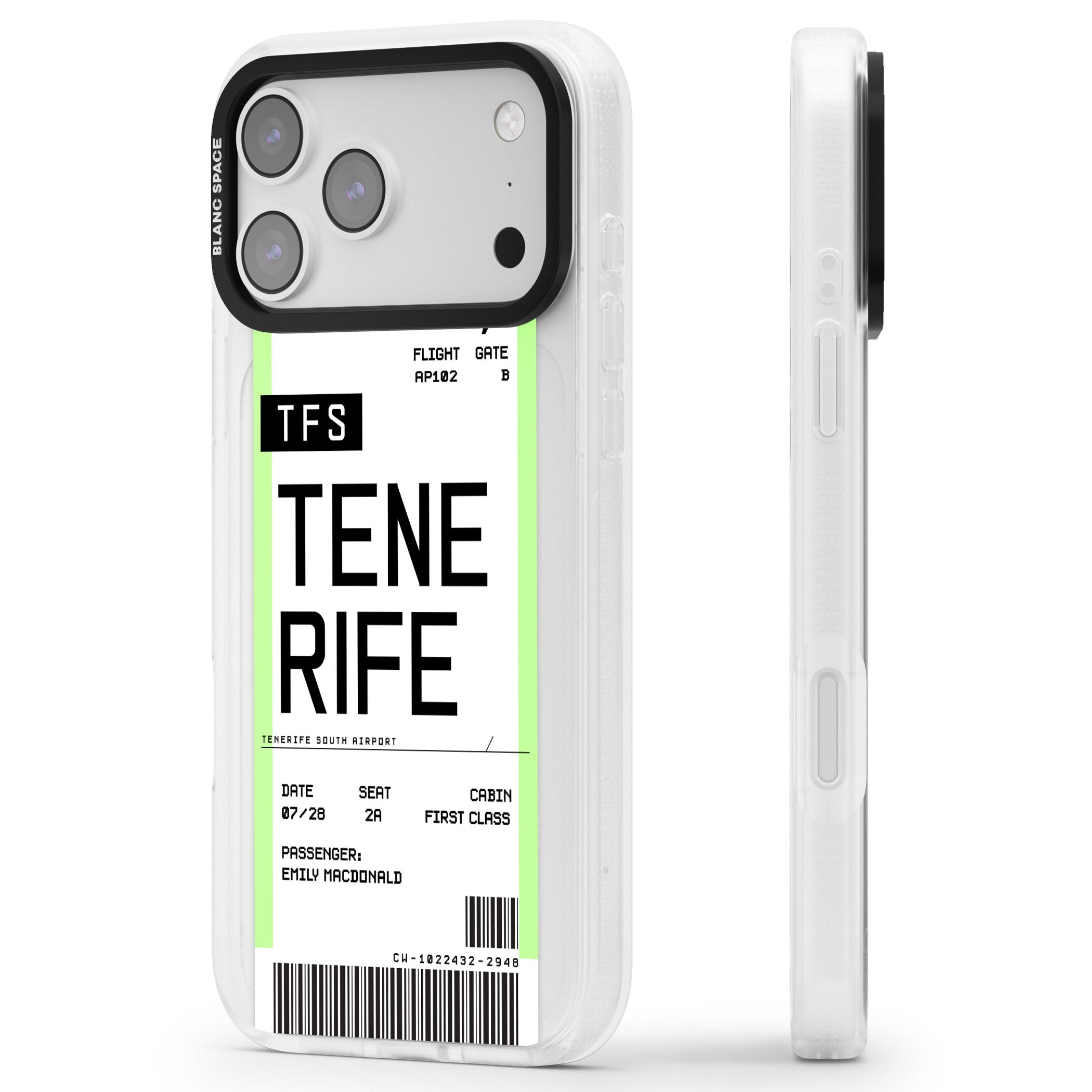 Personalised Tenerife Boarding Pass iPhone 17 Pro Max Impact Air Clear Phone Case Side Profile