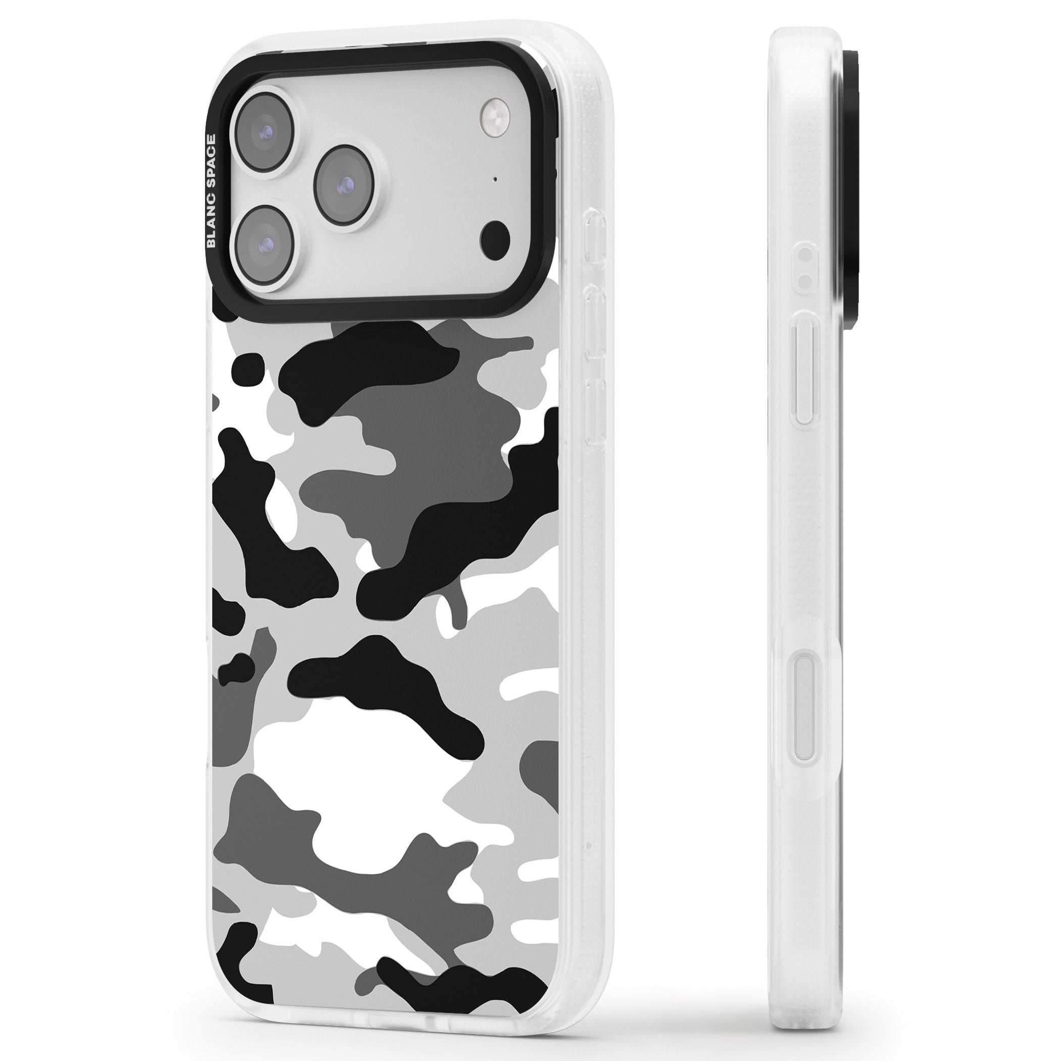Grey Camo iPhone 17 Pro Impact Air Clear Phone Case Side Profile