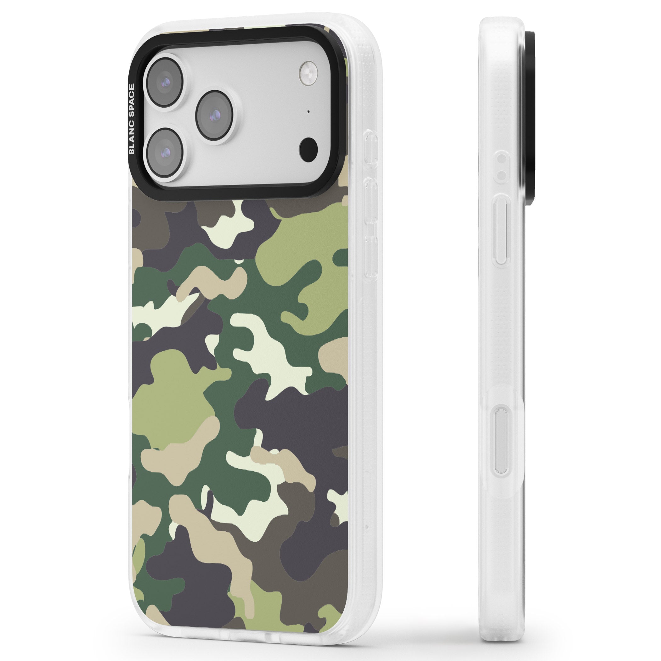 Green Camo iPhone 17 Pro Max Impact Air Clear Phone Case Side Profile