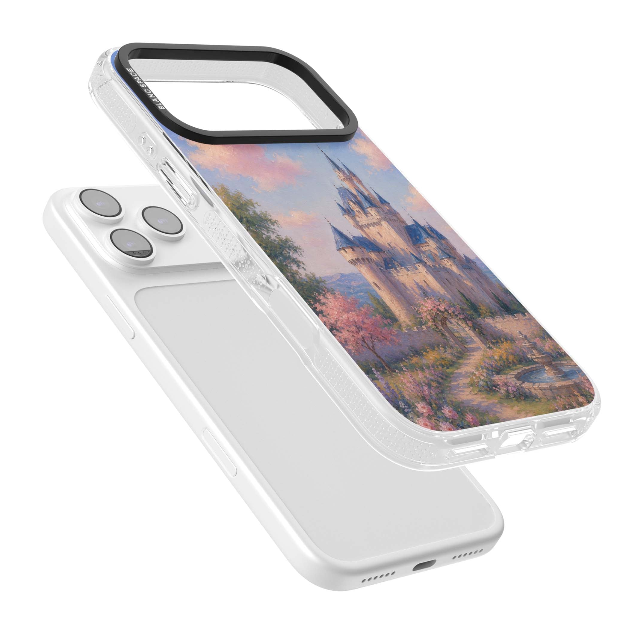 Enchanted Kingdom fairytale iPhone case featuring a romantic castle painting with cherry blossoms and pastel pink sky | Clear Case Impact Air case for iPhone 17 Pro, iPhone 17 Pro Max