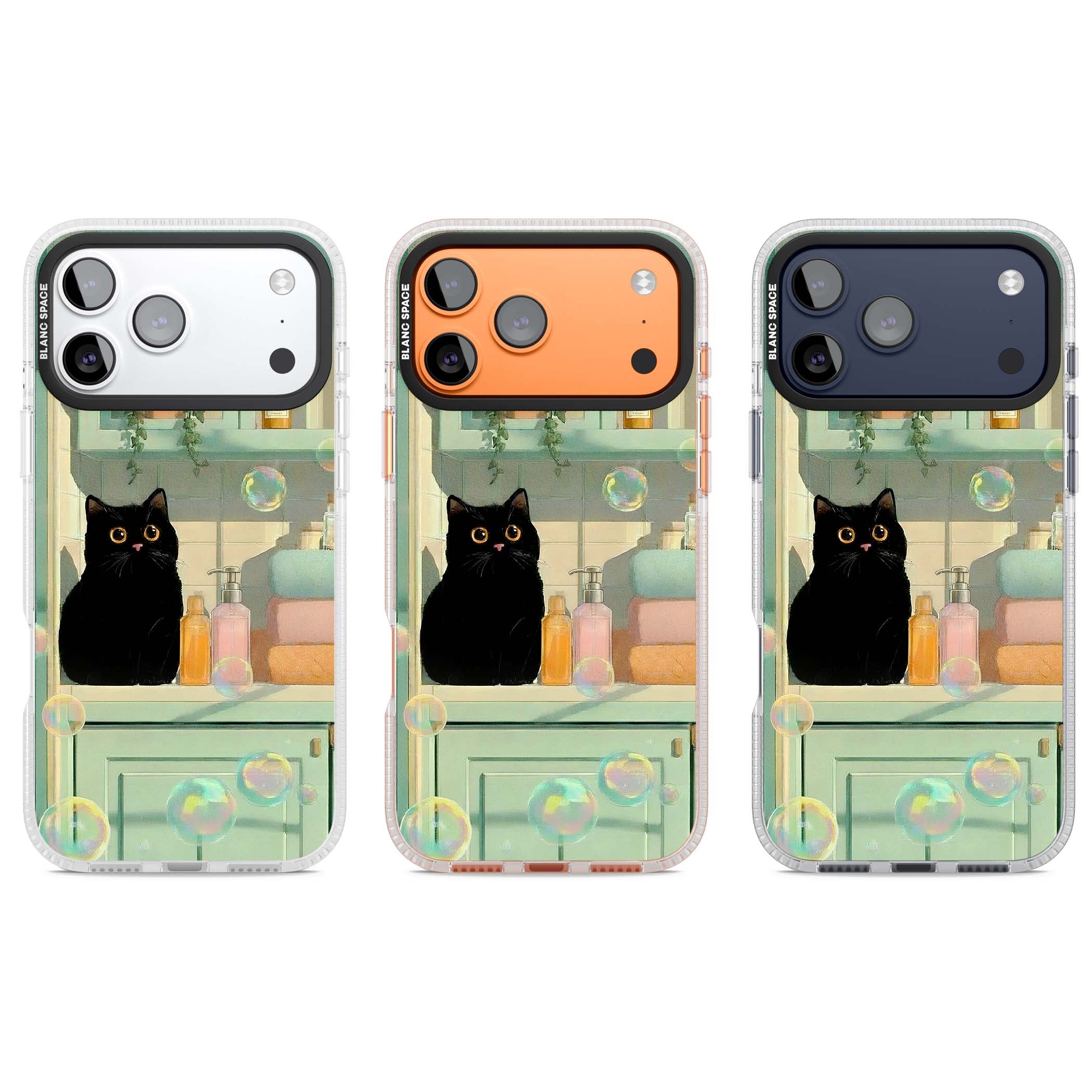 Bathroom Bubble Kitty cottagecore iPhone case featuring a black cat, mint bathroom scene and floating soap bubbles | Clear Case Impact Air case for iPhone 17 Pro, iPhone 17 Pro Max