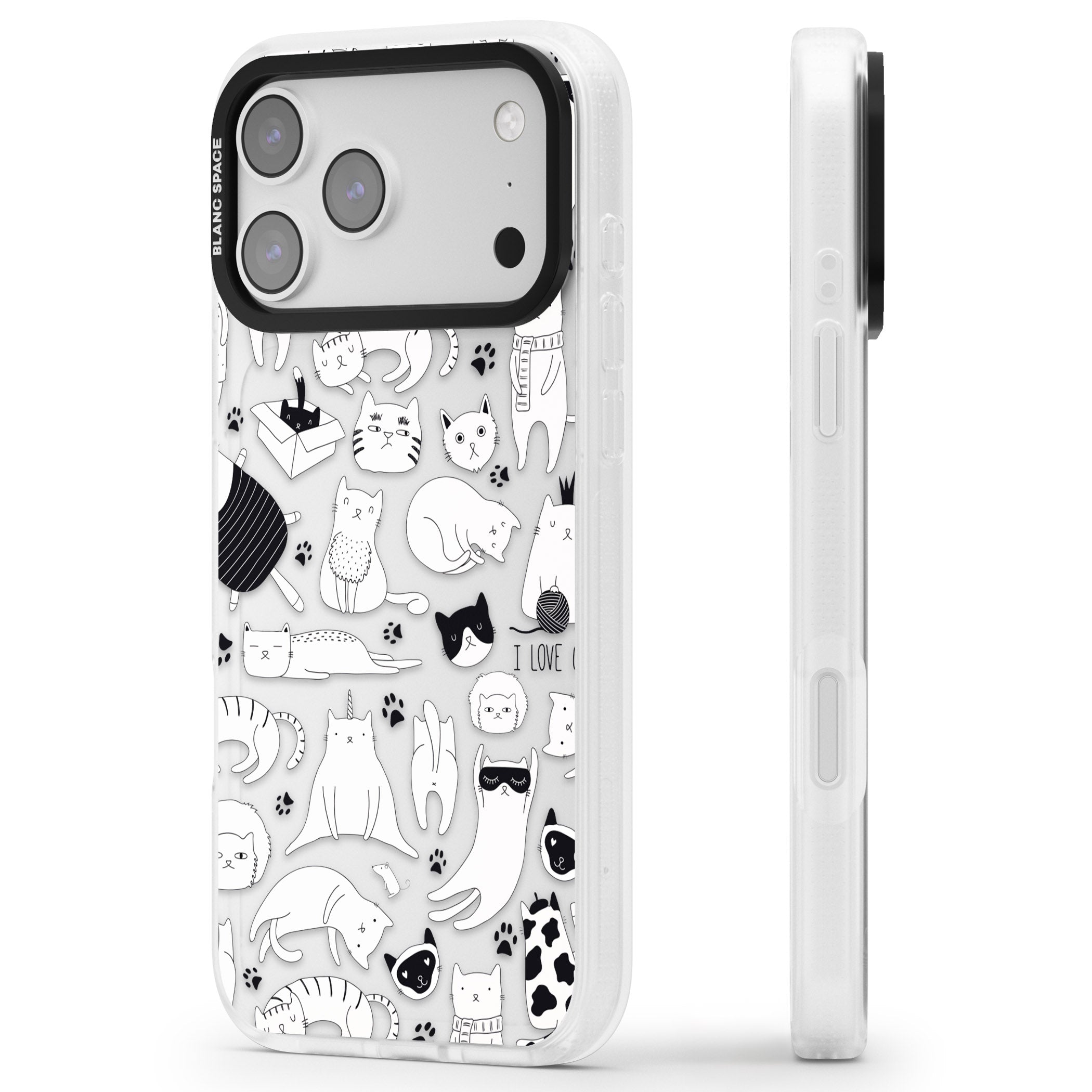 Cartoon Cat Collage Black & White iPhone 17 Pro Max Impact Air Clear Phone Case Side Profile