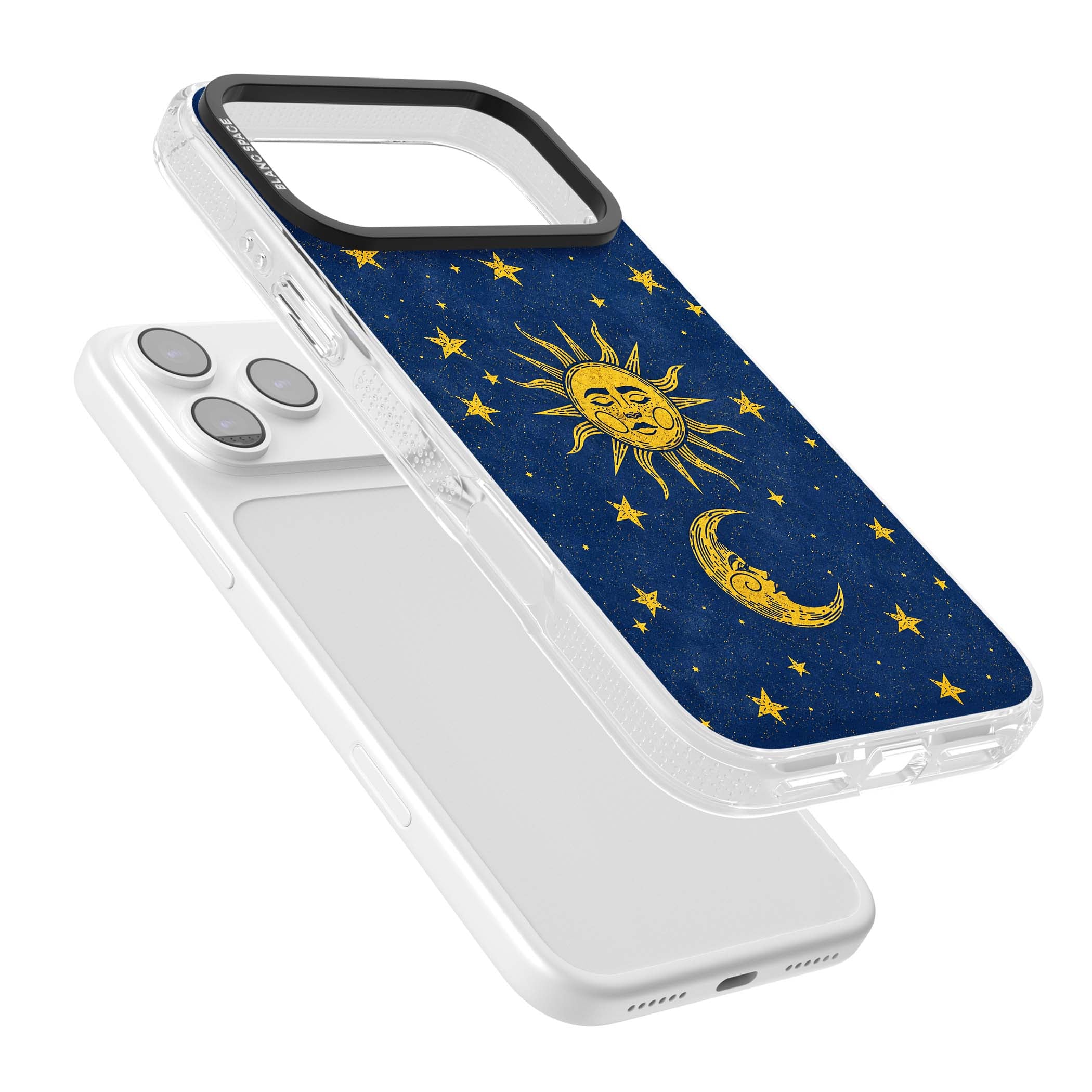 Sun & Moon Reverie celestial iPhone case featuring a vintage golden sun, crescent moon and scattered stars on midnight blue | Clear Case Impact Air case for iPhone 17 Pro, iPhone 17 Pro Max