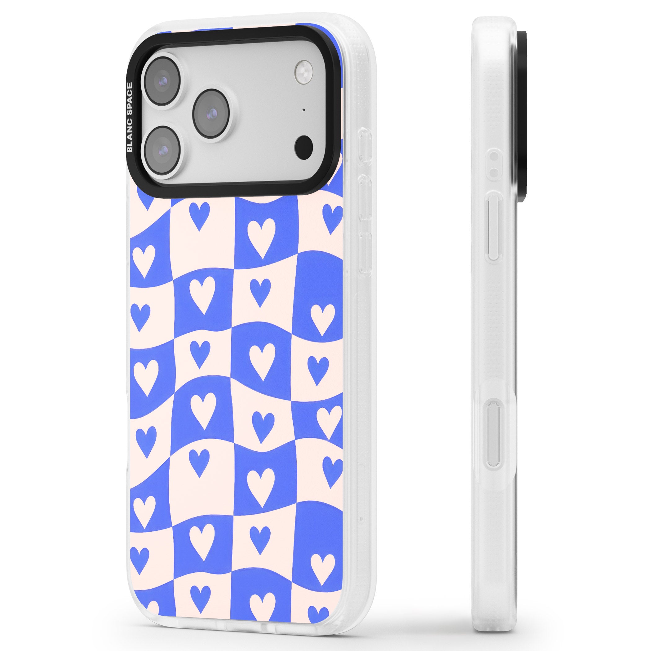 Blue Wavy Checked Hearts iPhone 17 Pro Max Impact Air Clear Phone Case Side Profile