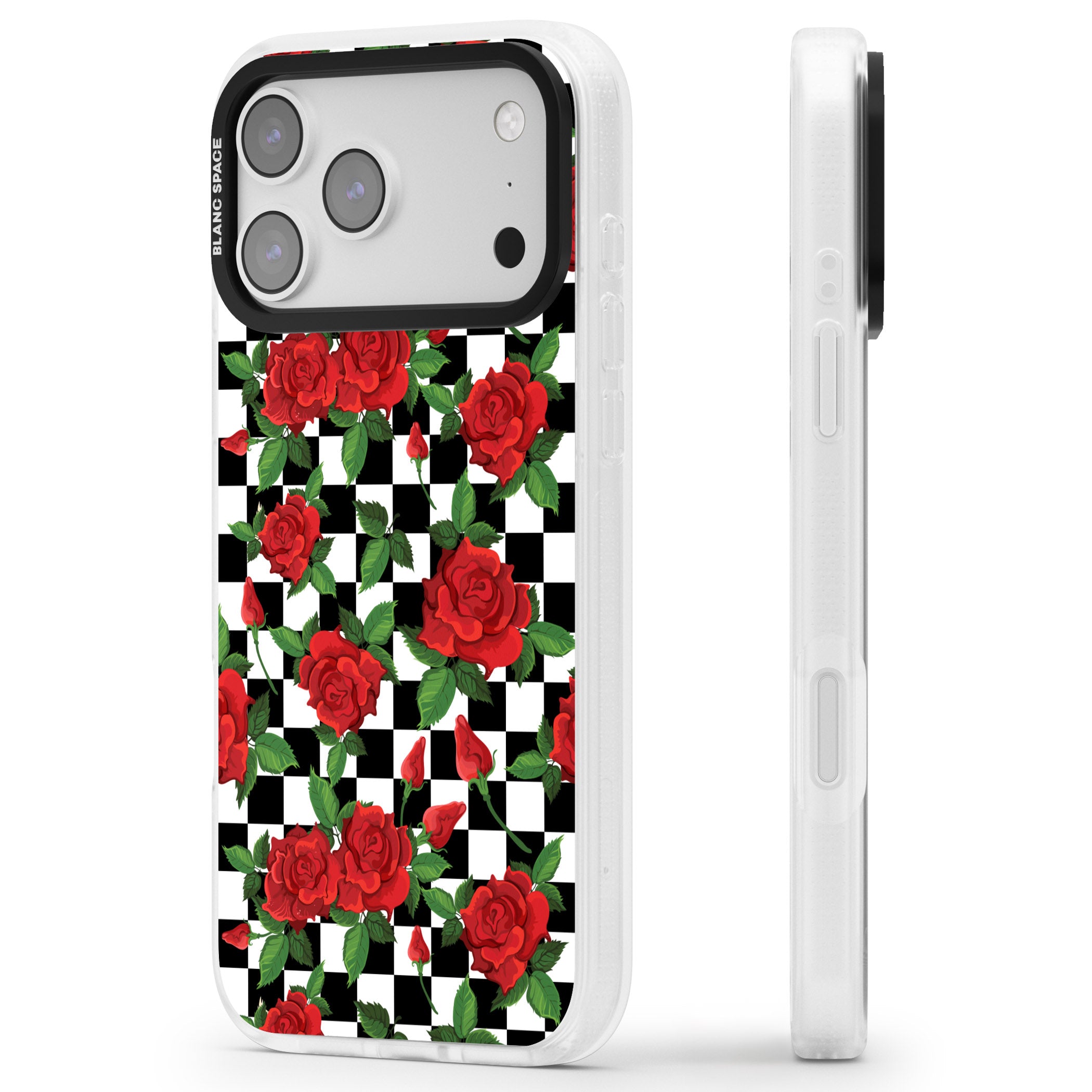 Checkered Roses iPhone 17 Pro Max Impact Air Clear Phone Case Side Profile