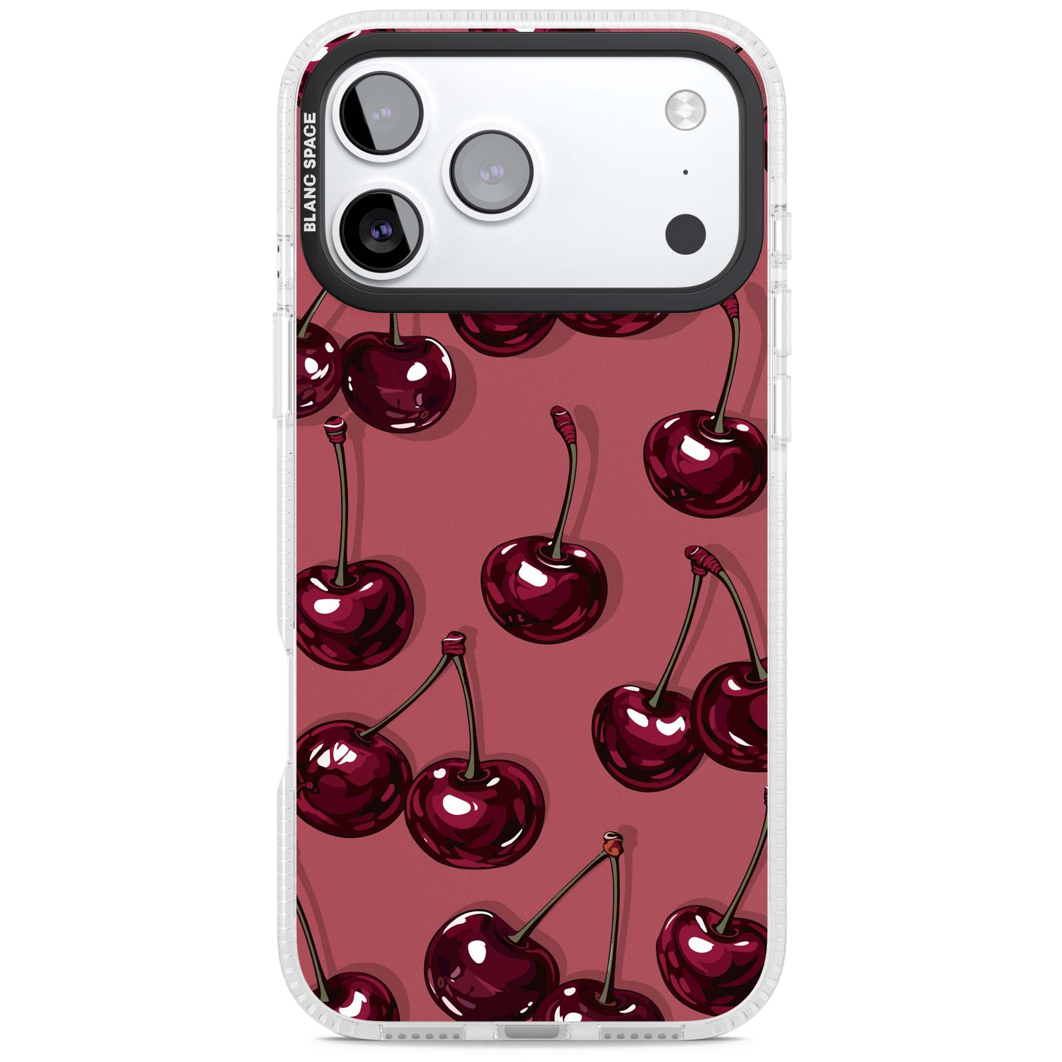 Cherry Rebel coquette iPhone case featuring glossy burgundy cherries on a dusty rose background | Clear Case Impact Air case for iPhone 17 Pro, iPhone 17 Pro Max