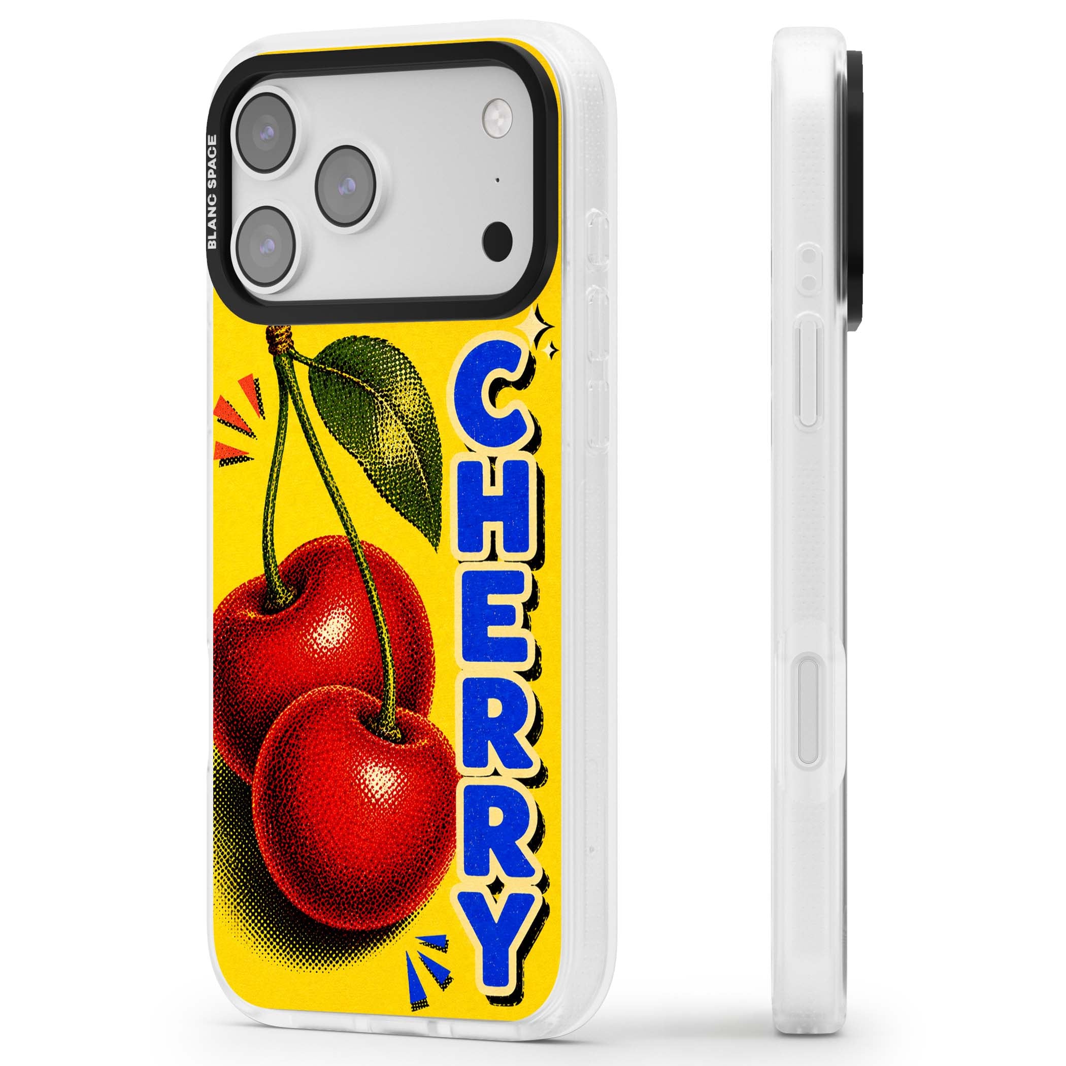 Cherry Yellow y2k iPhone case featuring two red cherries, halftone shading and bold blue CHERRY lettering on yellow | Clear Case Impact Air case for iPhone 17 Pro, iPhone 17 Pro Max