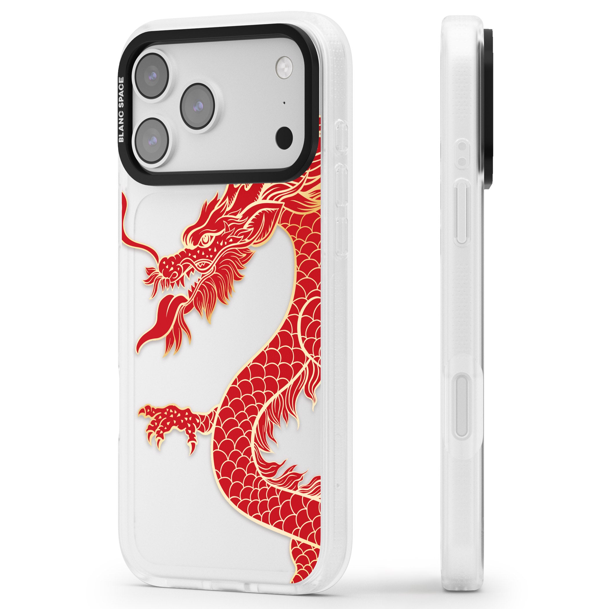Large Red Dragon iPhone 17 Pro Impact Air Clear Phone Case Side Profile