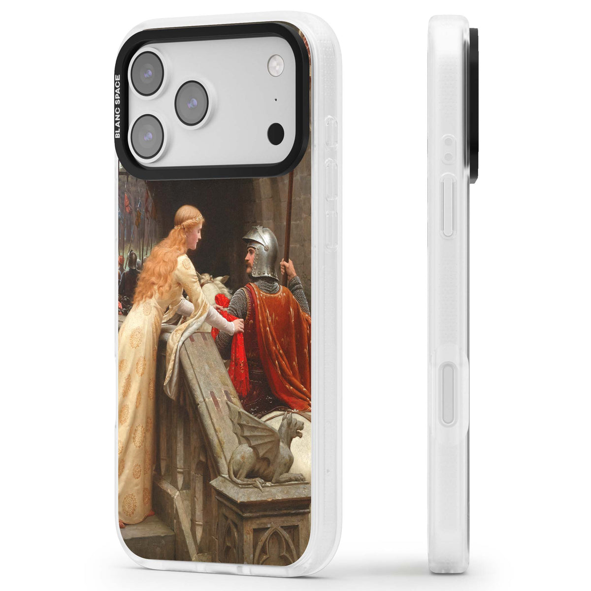 God Speed fine art iPhone case featuring Edmund Blair Leighton's medieval knight and lady beneath a stone archway | Clear Case Impact Air case for iPhone 17 Pro, iPhone 17 Pro Max