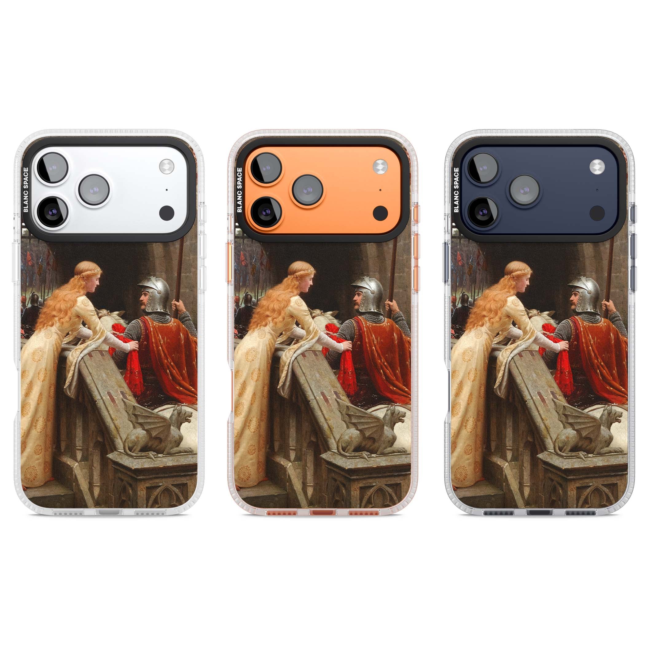 God Speed fine art iPhone case featuring Edmund Blair Leighton's medieval knight and lady beneath a stone archway | Clear Case Impact Air case for iPhone 17 Pro, iPhone 17 Pro Max