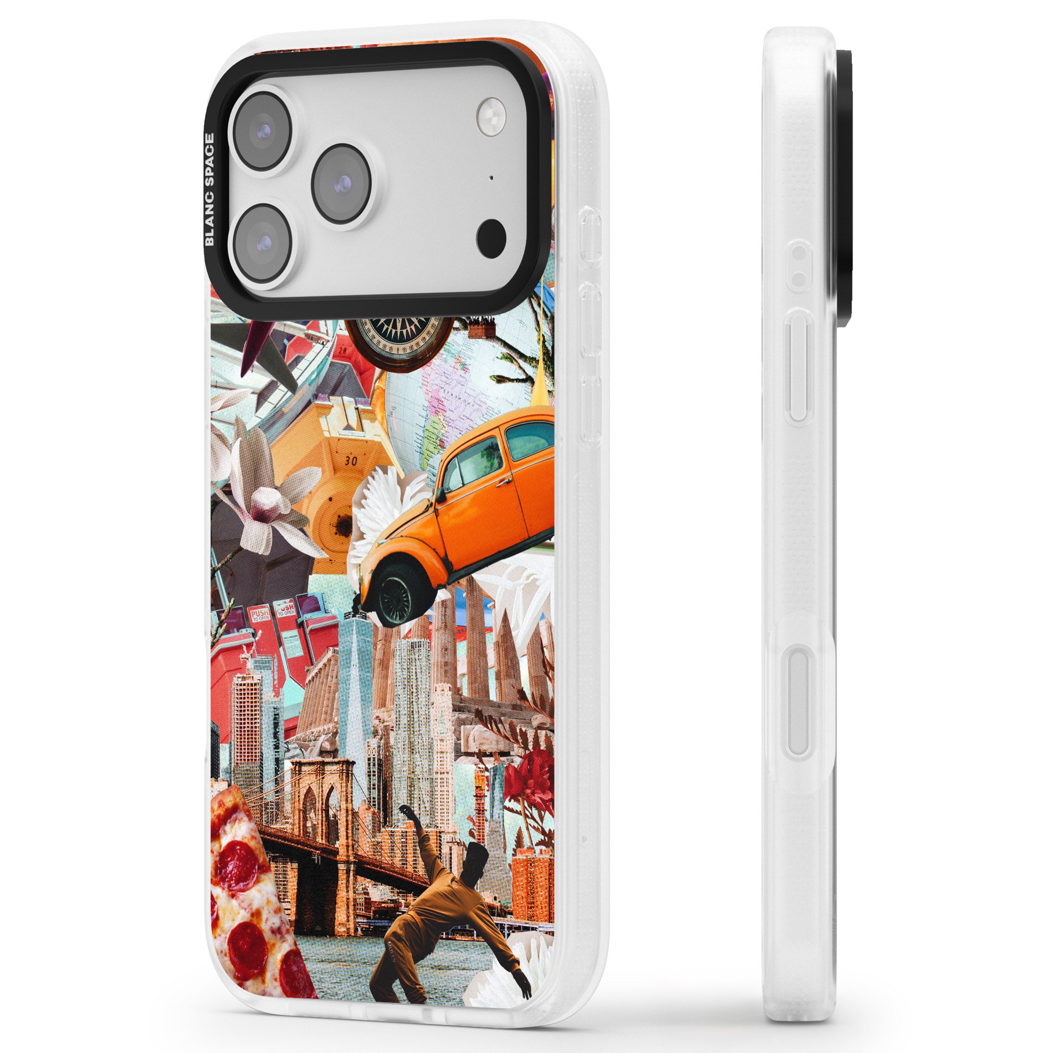 Bold New York Collage iPhone 17 Pro Impact Air Clear Phone Case Side Profile