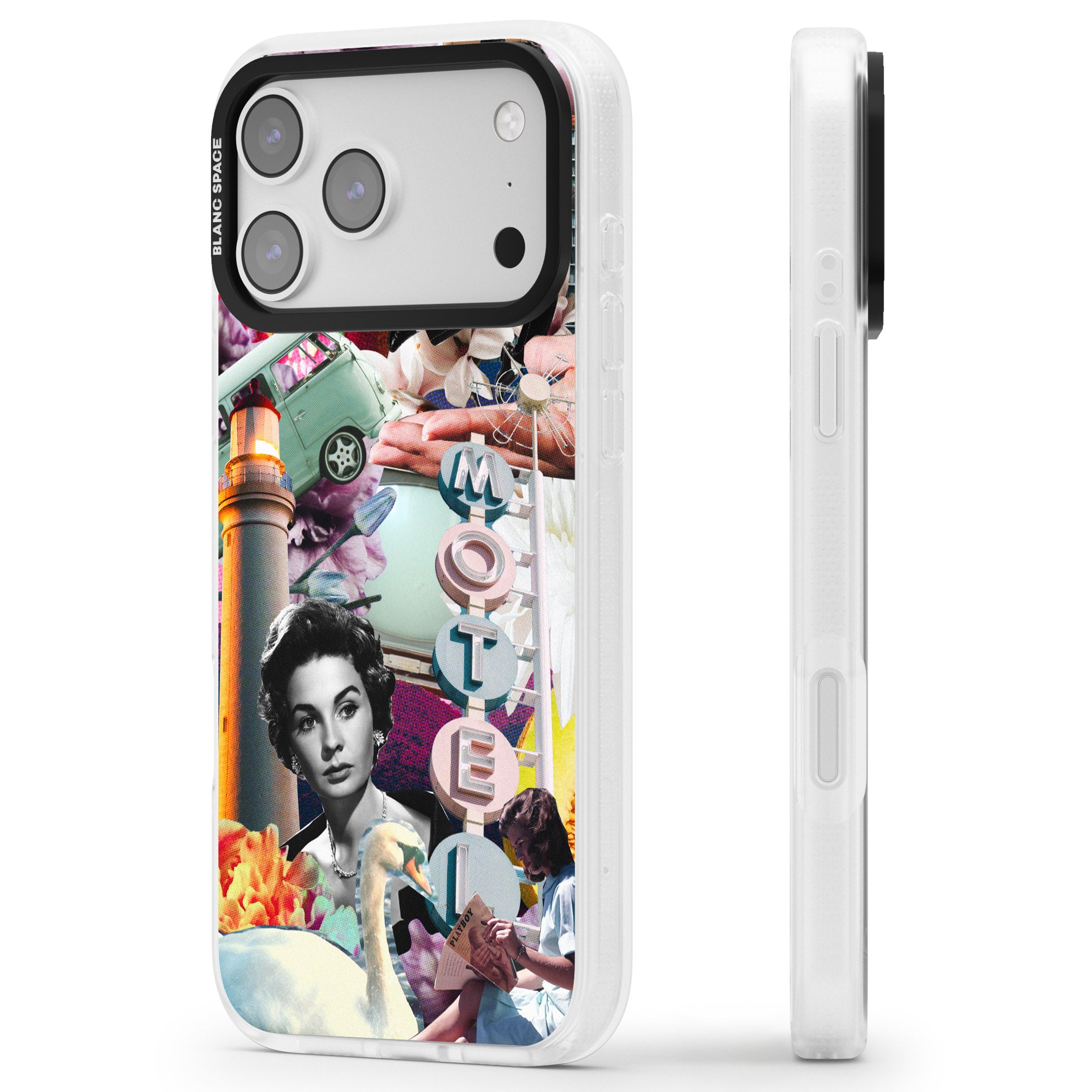 Retro Motel Collage iPhone 17 Pro Max Impact Air Clear Phone Case Side Profile
