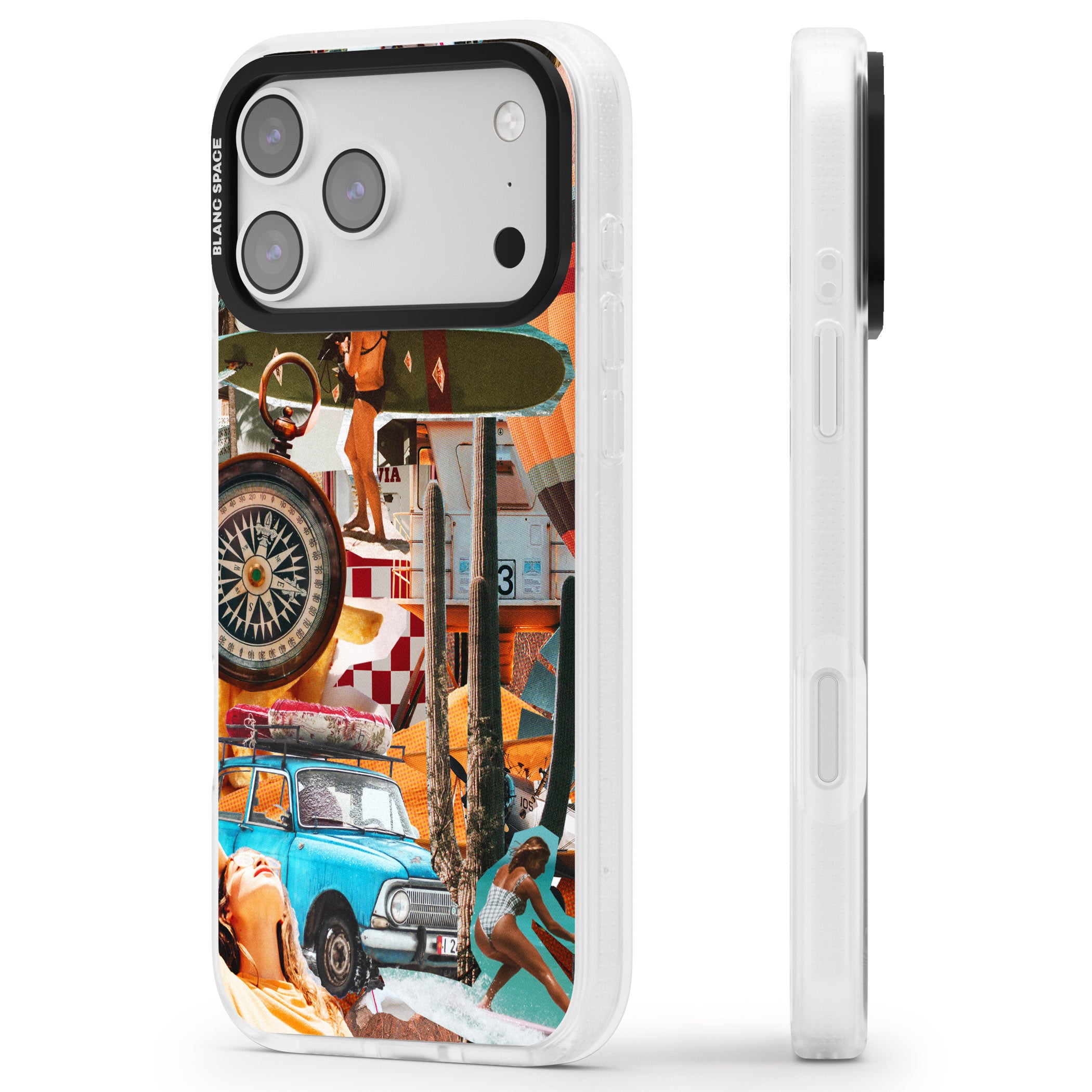 Vintage Collage: Road Trip iPhone 17 Pro Max Impact Air Clear Phone Case Side Profile