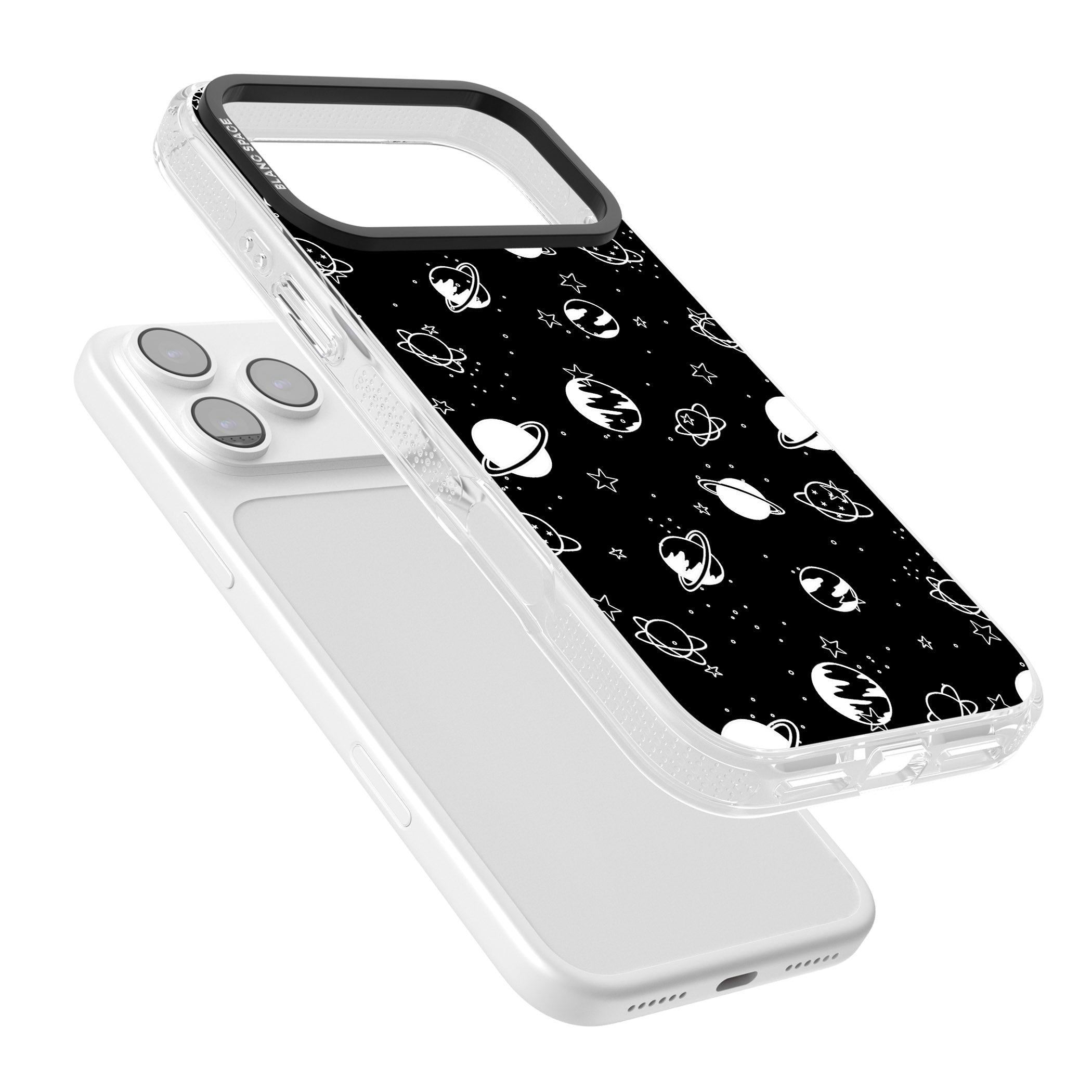 White Planets On Black iPhone 17 Pro Max Impact Air Clear Phone Case Colours