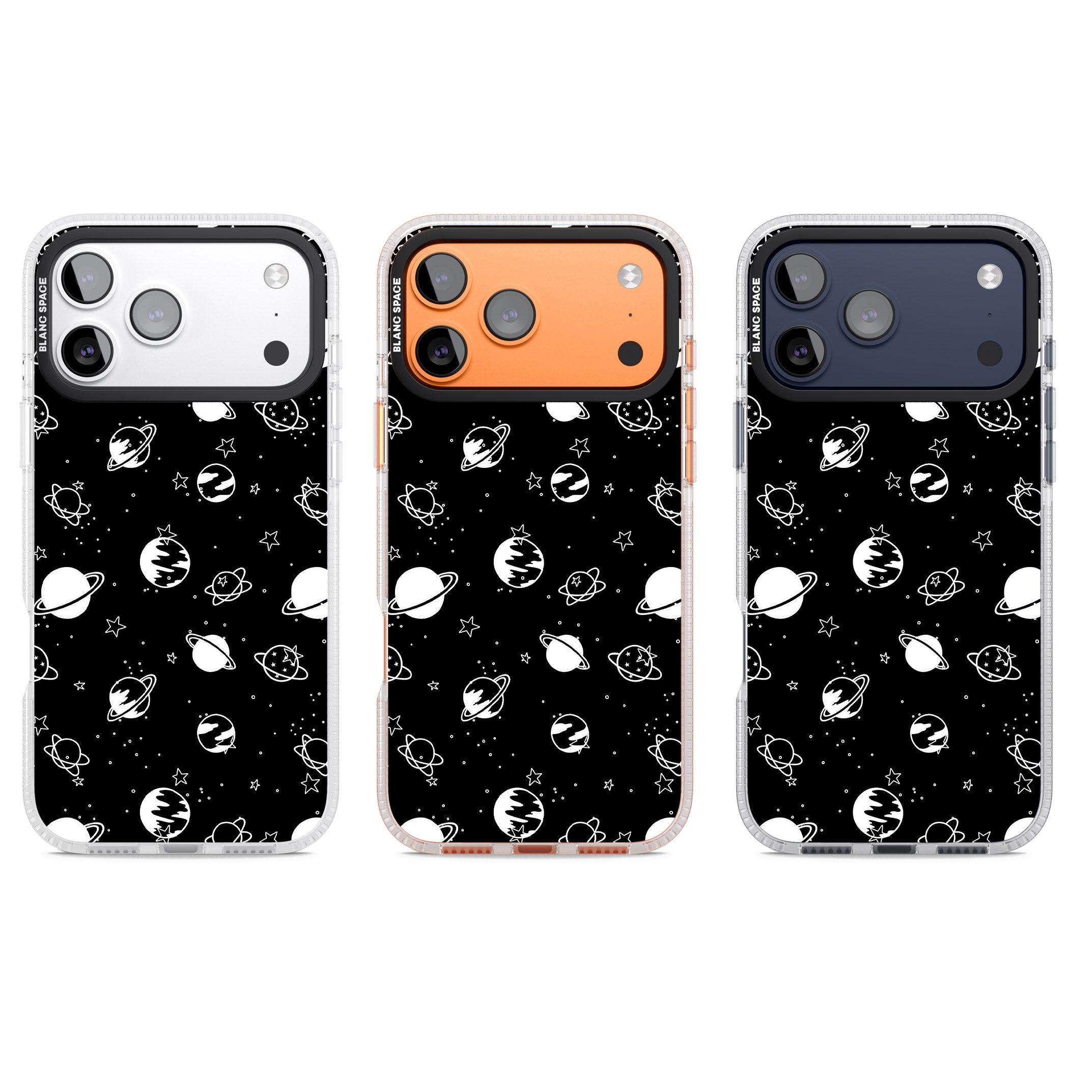 White Planets On Black iPhone 17 Pro Impact Air Clear Phone Case APT Impact Protection