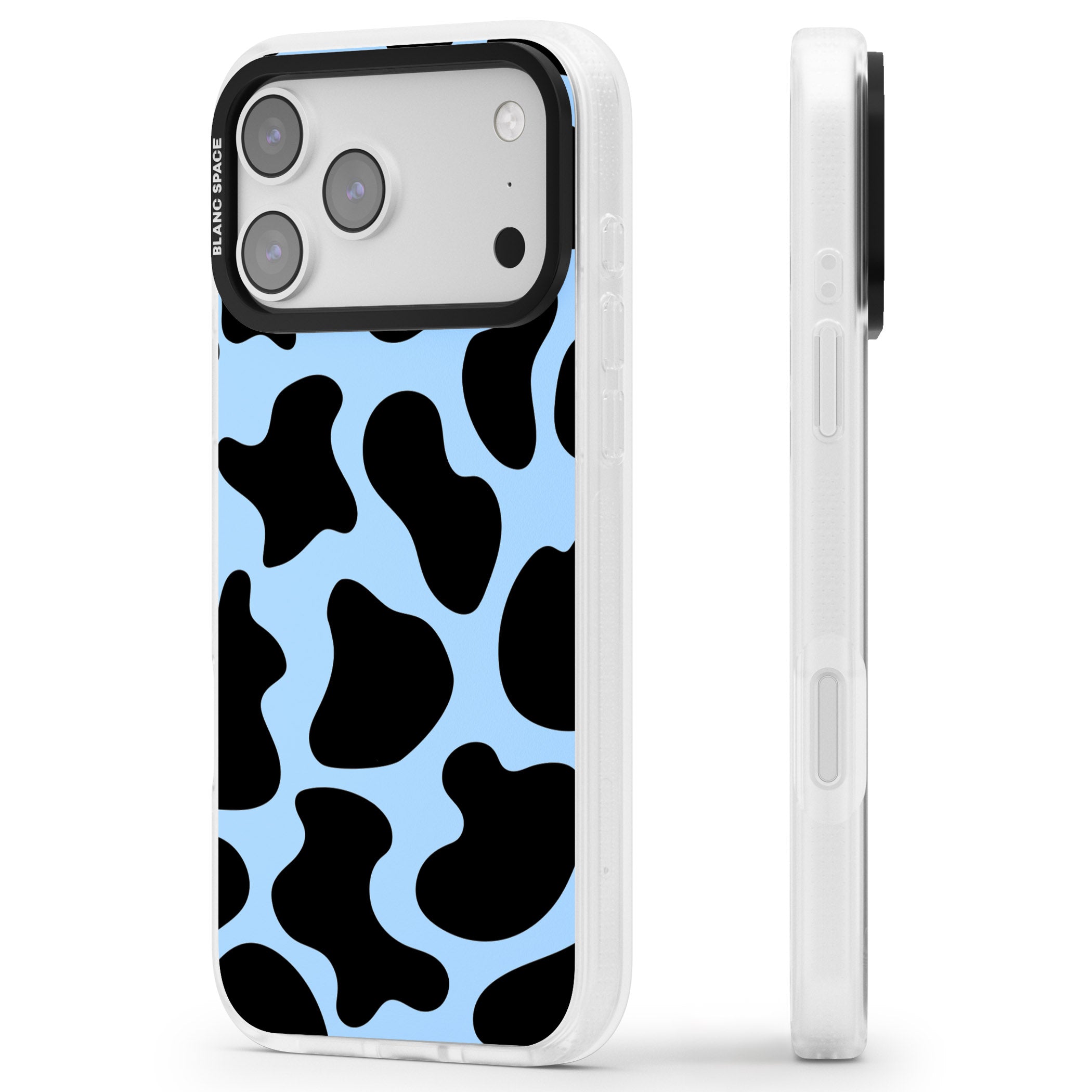 Blue And Black Cow Print iPhone 17 Pro Max Impact Air Clear Phone Case Side Profile