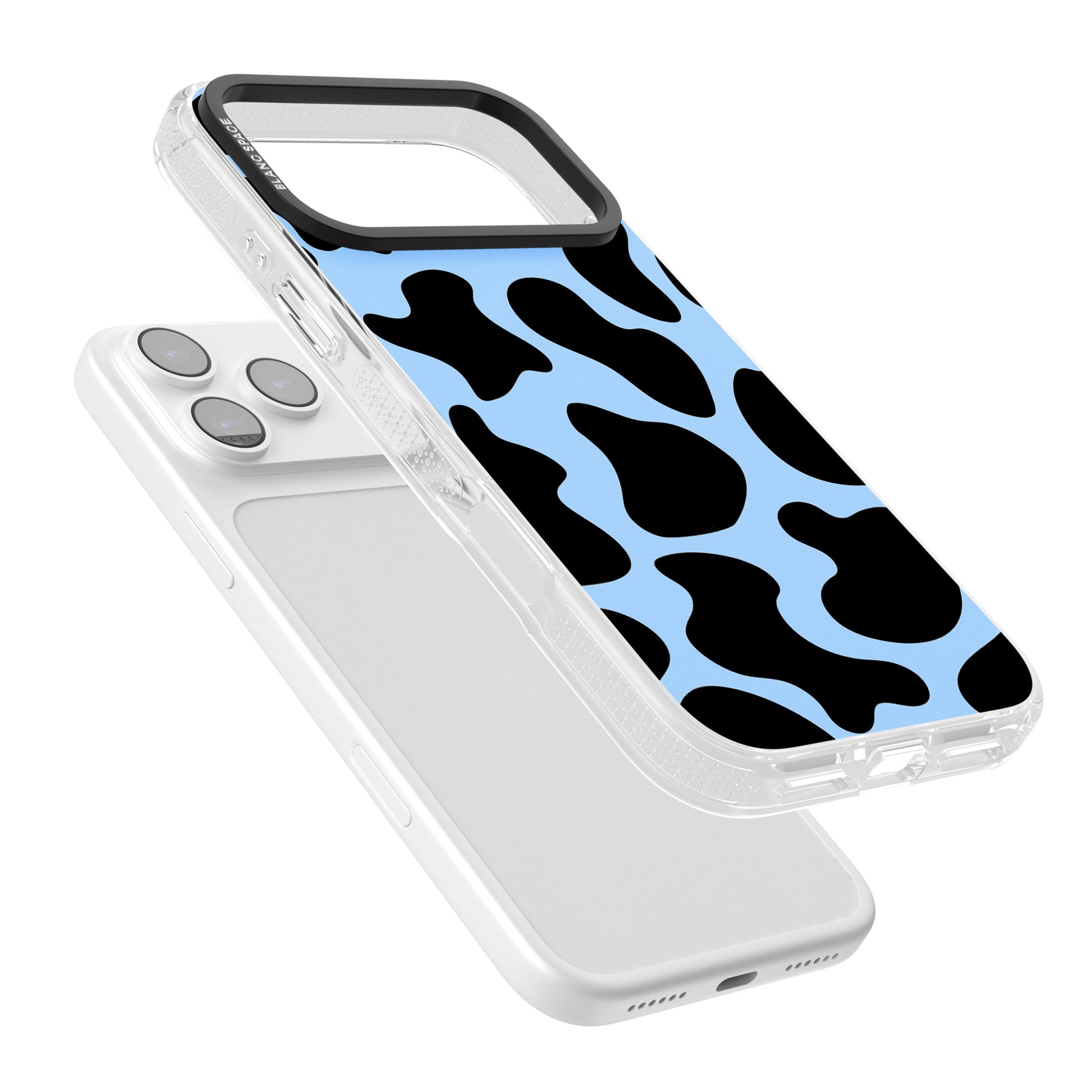 Blue And Black Cow Print iPhone 17 Pro Max Impact Air Clear Phone Case Colours