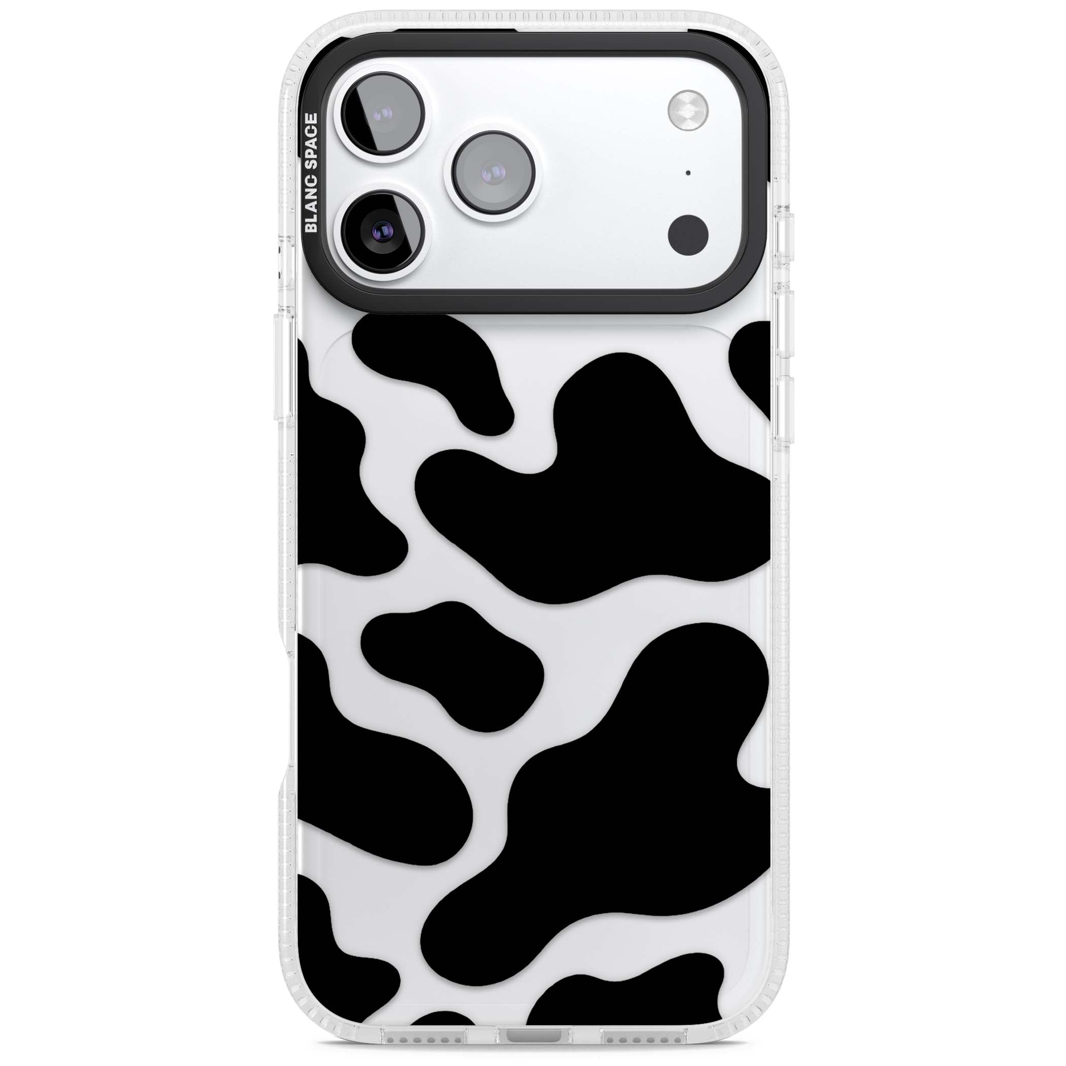 Clear Cow Print cow print iPhone case featuring black and white cow pattern splotches on a clear background | Clear Case Impact Air case for iPhone 17 Pro, iPhone 17 Pro Max