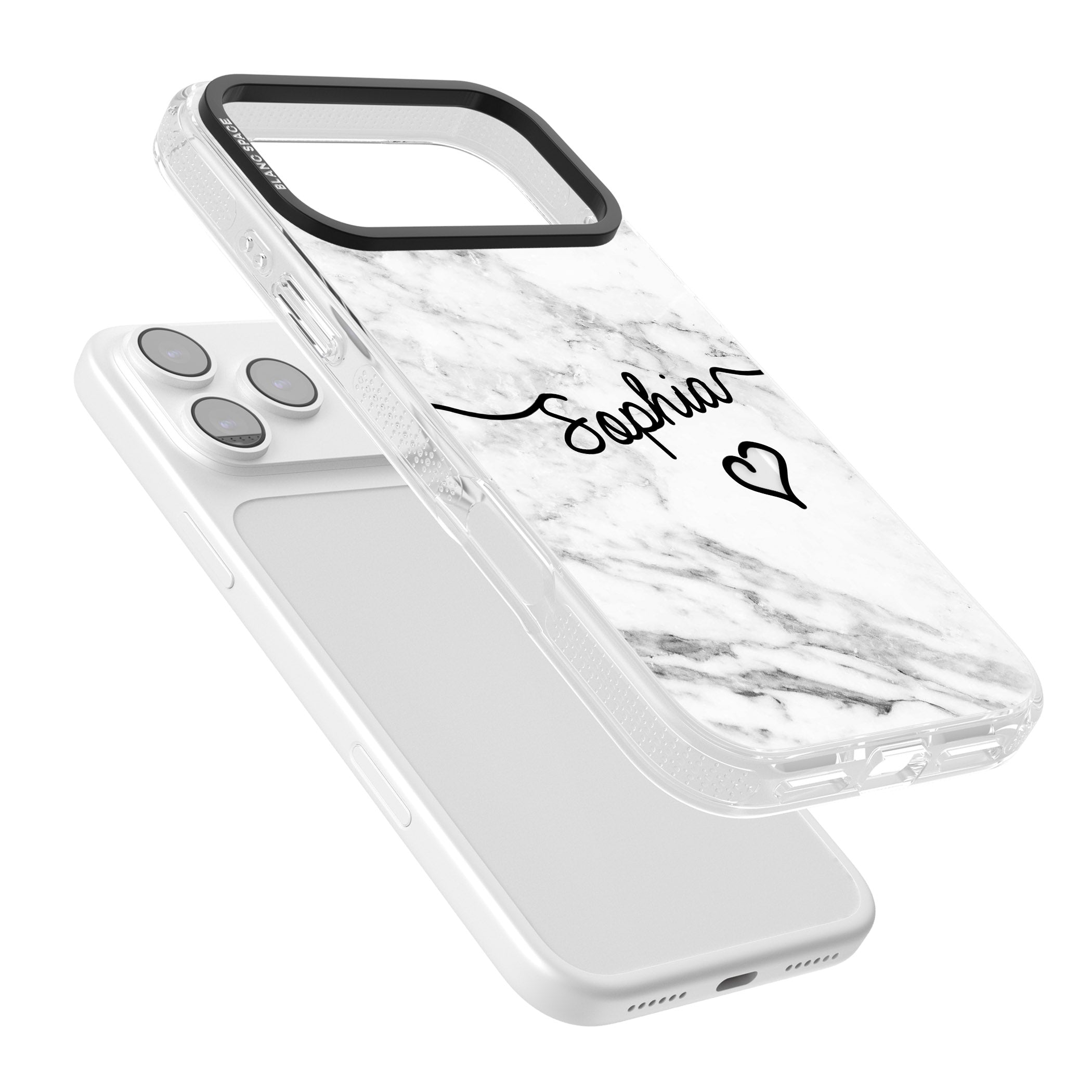 Personalised White Marble Heart iPhone 17 Pro Max Impact Air Clear Phone Case Colours