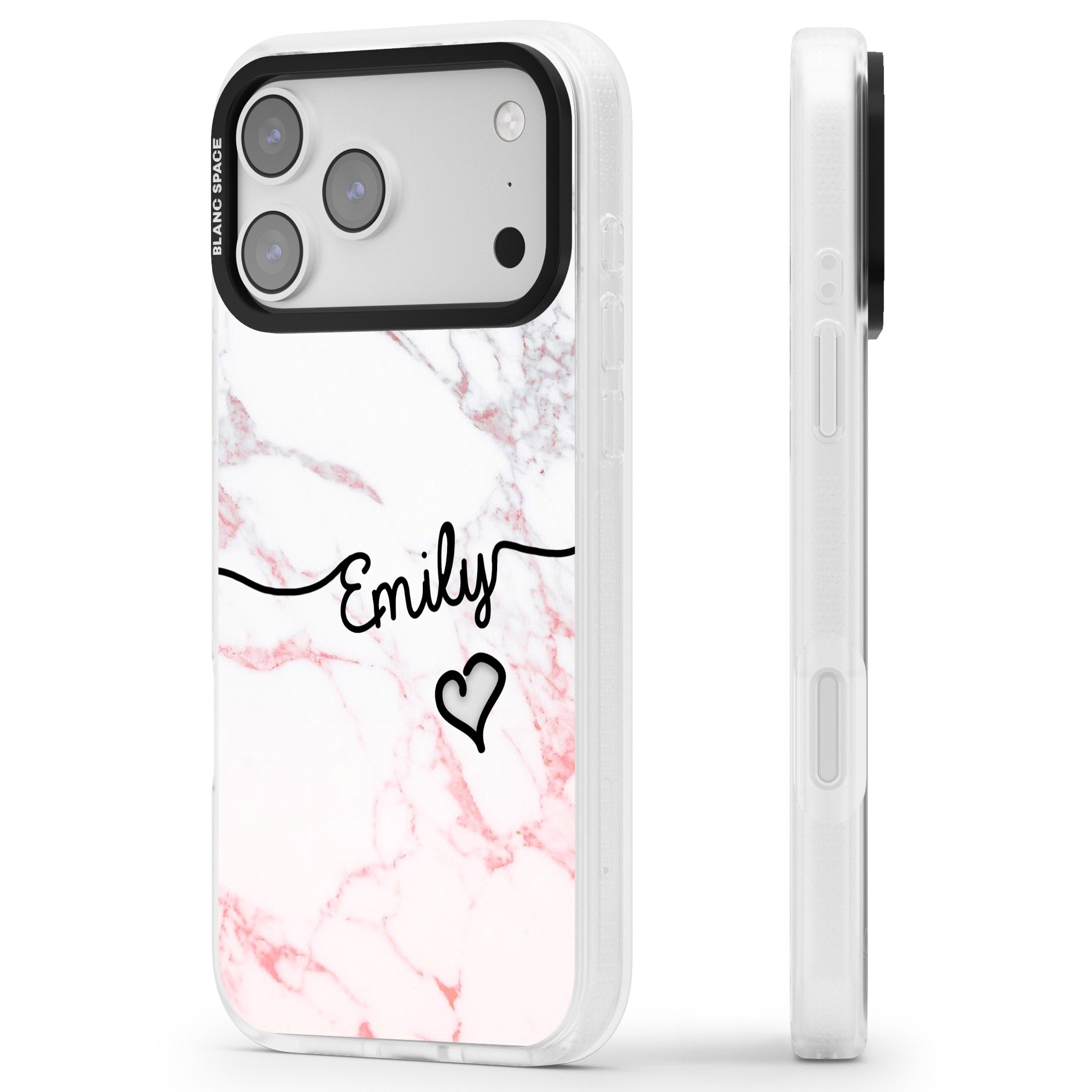 Personalised Pink Fade Marble Heart iPhone 17 Pro Max Impact Air Clear Phone Case Side Profile