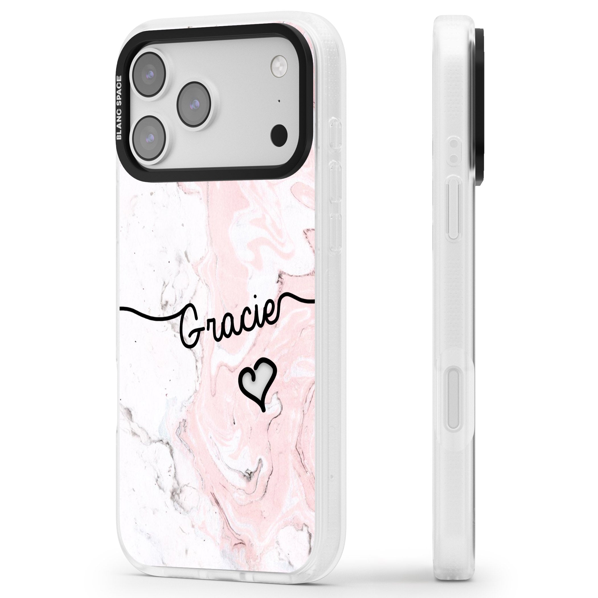 Personalised Pink Marble iPhone 17 Pro Max Impact Air Clear Phone Case Side Profile