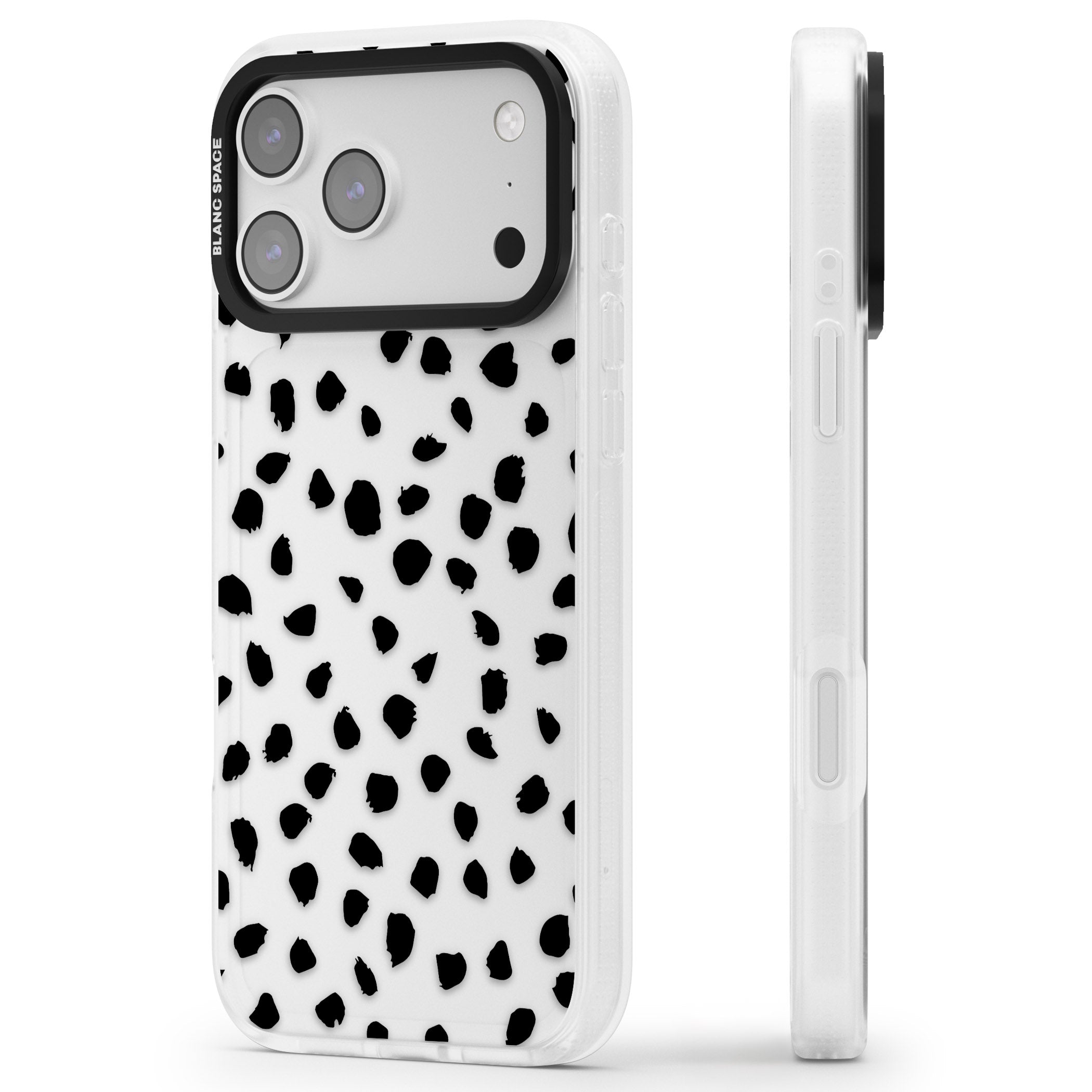 Black Dalmatian Polka Dot iPhone 17 Pro Max Impact Air Clear Phone Case Side Profile