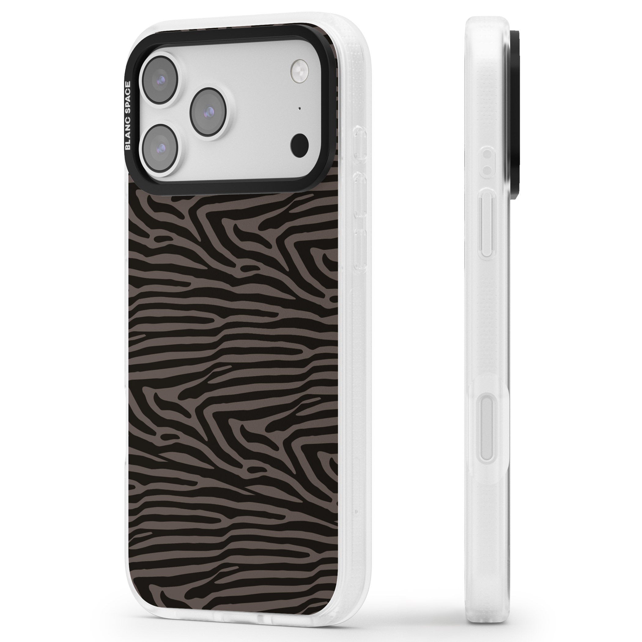 Dark Zebra Print iPhone 17 Pro Max Impact Air Clear Phone Case Side Profile